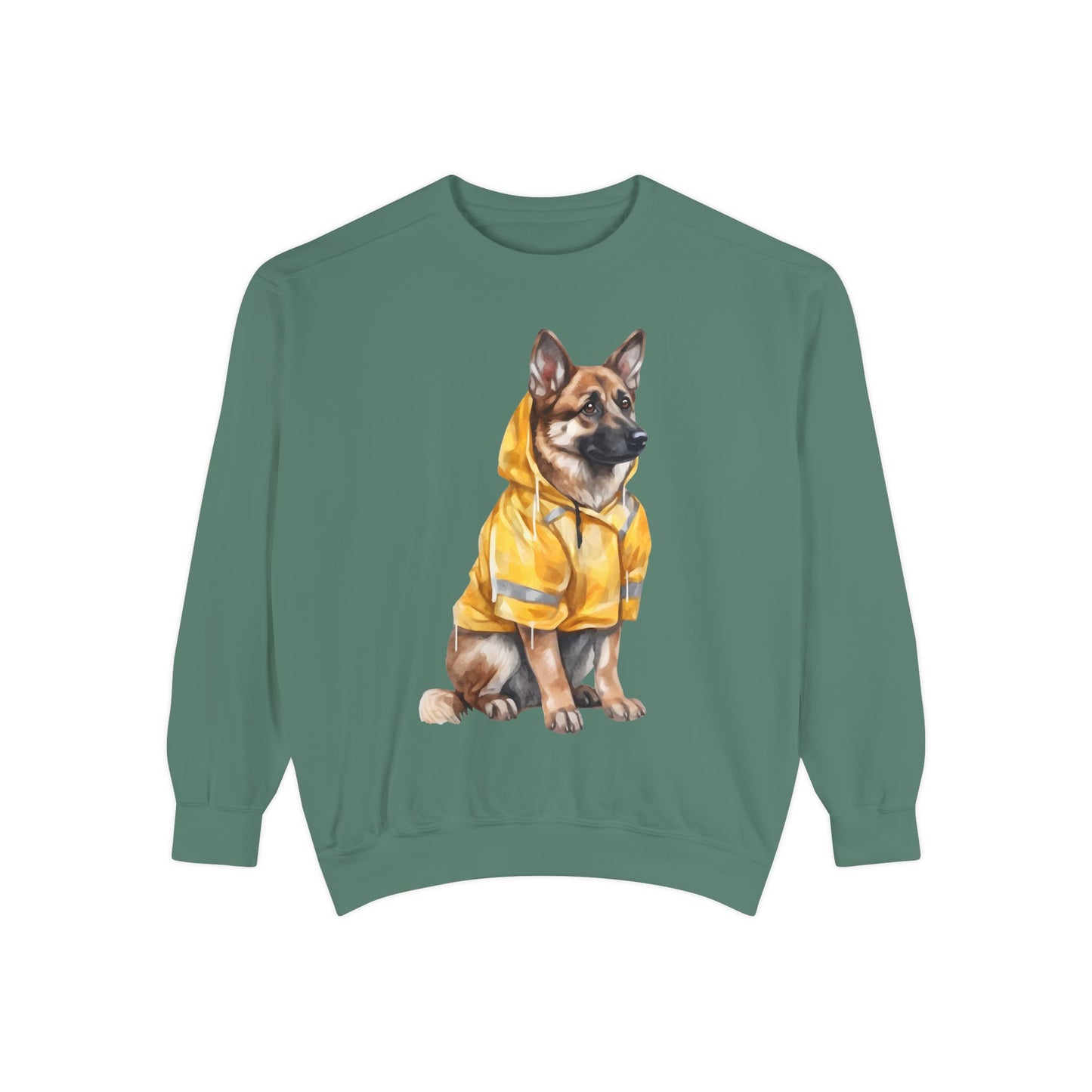 Unisex Dog Lover Sweatshirt With a Graphic of German Shepherd Wearing a Yellow Rain Coat