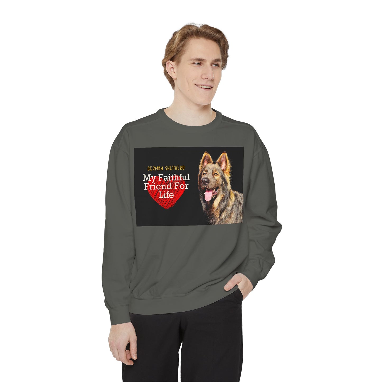 Unisex Dog Lover Sweatshirt With a Giant Old-Fashioned German Shepherd and Caption Faithful Friend on Top of Red Heart