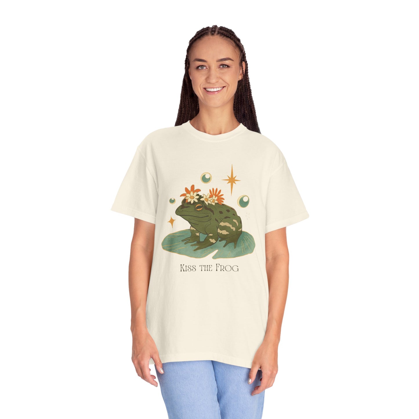 Kiss the Frog T-Shirt, Garment-Dyed Unisex Tee, Fun Gift for Nature Lovers, Cute Frog Graphic T-Shirt, Ideal for Casual Outings