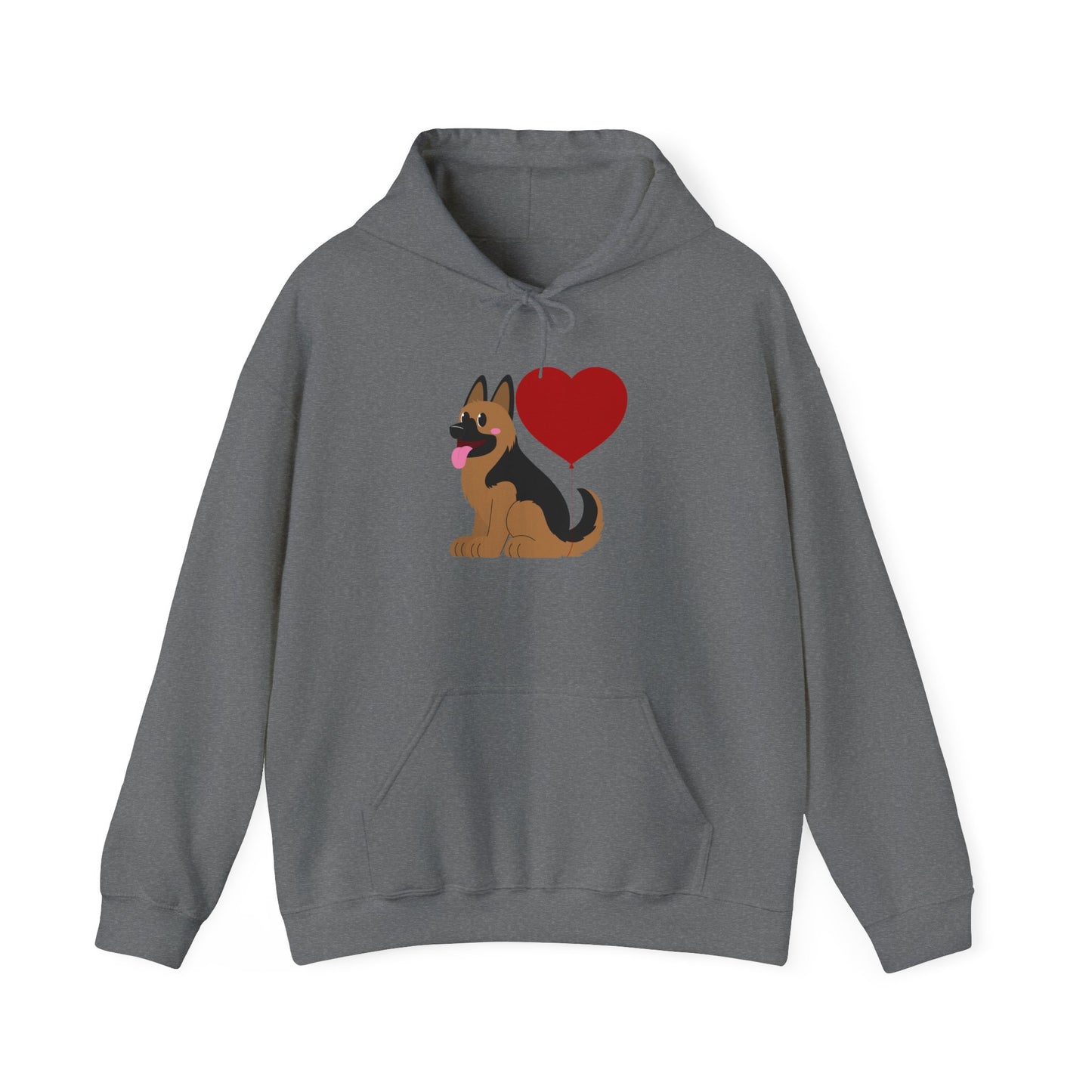 Unisex Dog Lover Hoodie With a Graphic of German Shepherd Puppy and Heart Shaped Balloon Attached With Tail