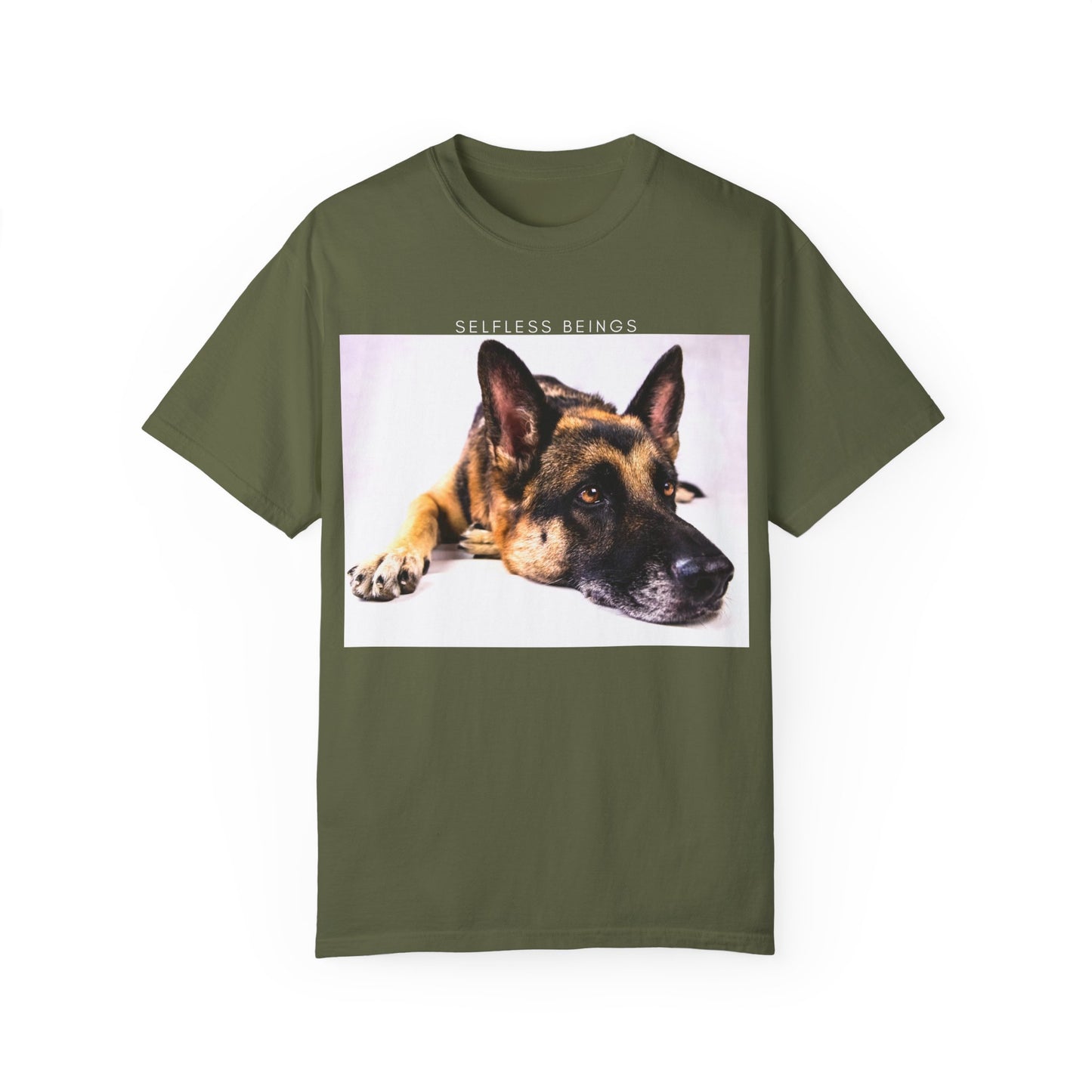 Unisex Dog Lover T-Shirt With Close Up of Bored German Shepherd Laying His Head On the Floor and Caption Selfless Beings