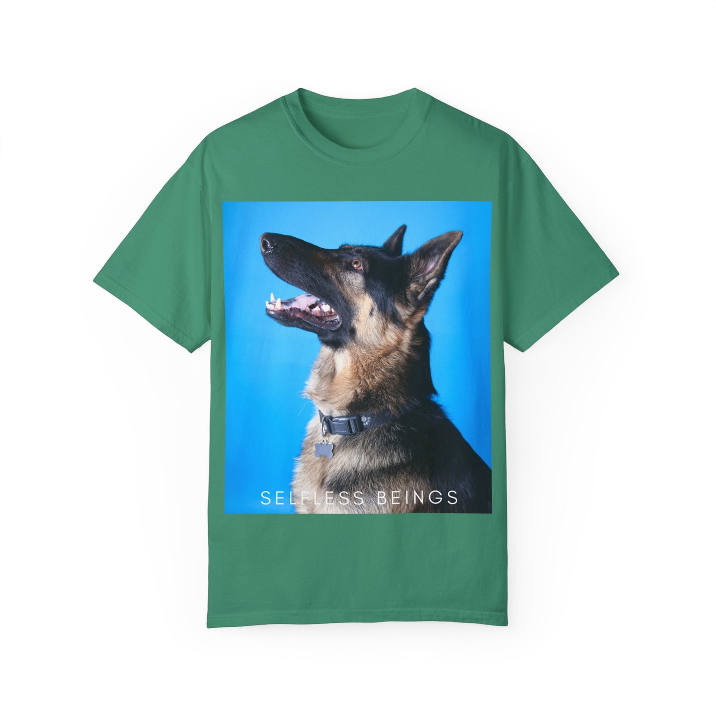 Unisex Dog Lover T-Shirt With Close Up Portrait of German Shepherd from Side Angle, Having Blue Background and Caption Selfless Beings