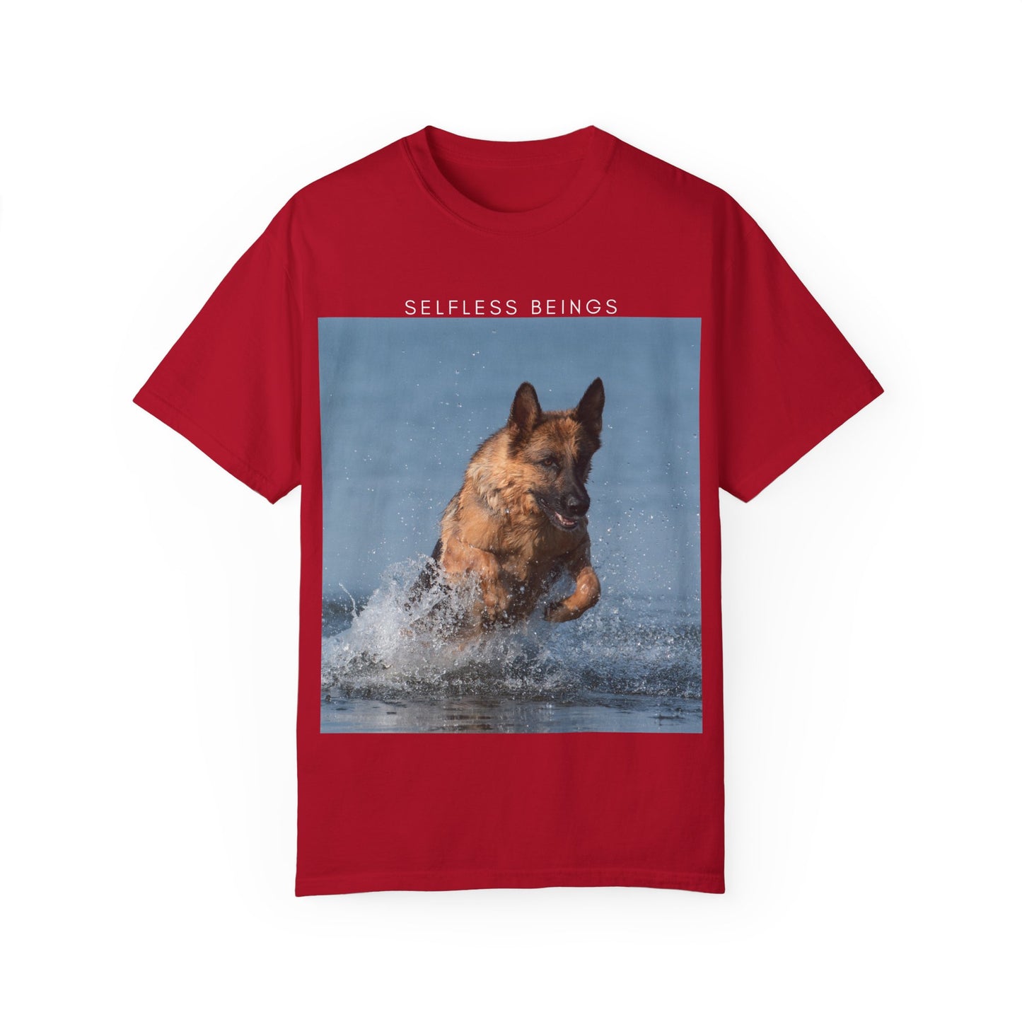 Unisex Dog Lover T-Shirt With Showline German Shepherd Swimming in the Sea and Caption Selfless Beings on Top