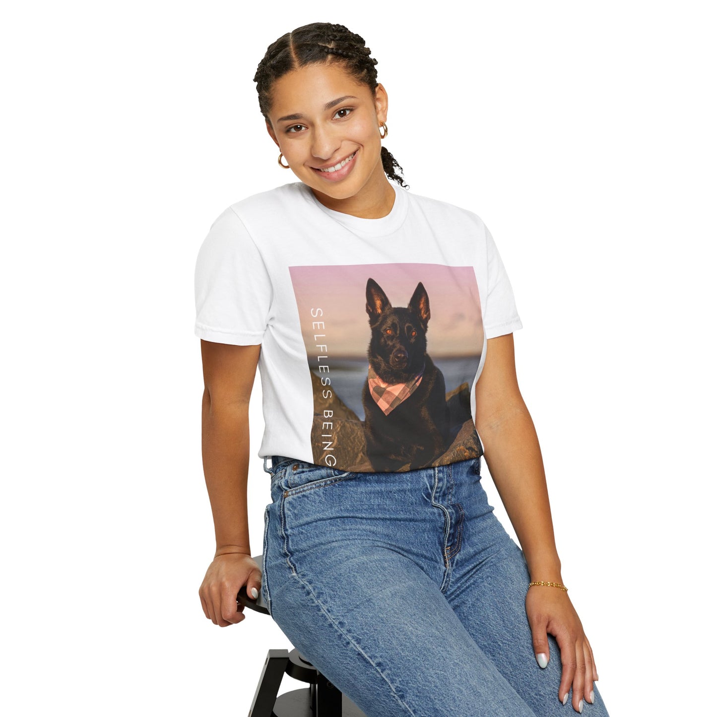 Unisex Dog Lover T-shirt With Solid Black German Shepherd Wearing a Romal Sitting on the Seaside Rocks and Caption Selfless Beings