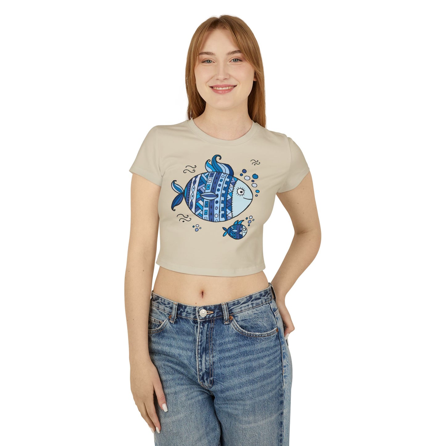 Boho Chic Women's Baby Tee with Blue Fish Design, Cute Summer Top, Fun Gift for Sea Lovers, Aquatic-themed Apparel, Beach Vibes
