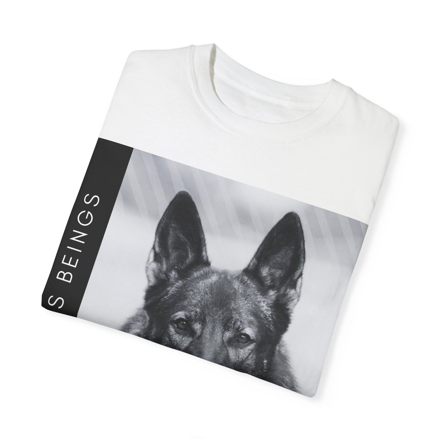 Unisex Dog Lover T-Shirt With a Working Line German Shepherd Resting on the Grass and Caption Selfless Beings