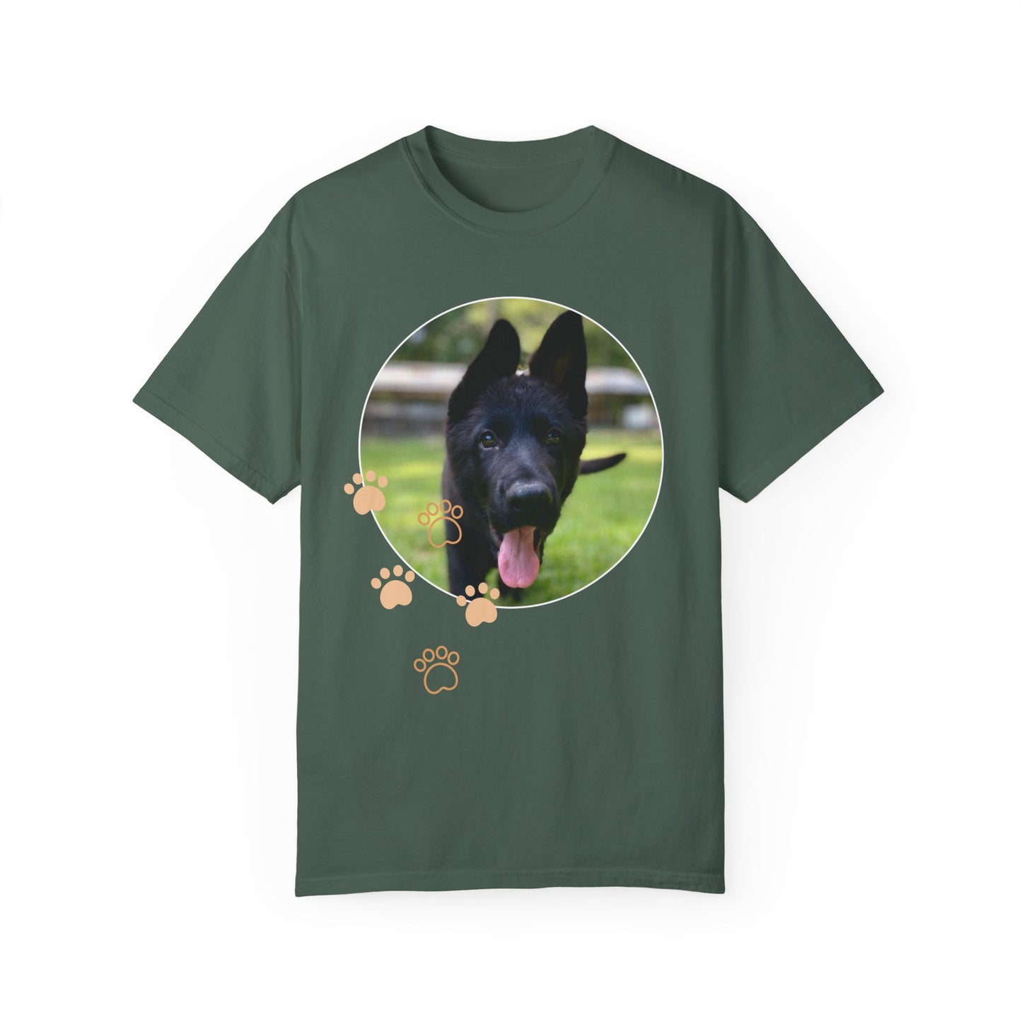 Unisex Dog Lover T-Shirt With Black German Shepherd Puppy Walking on Grass Leaving Tongue Out and Paw Icons