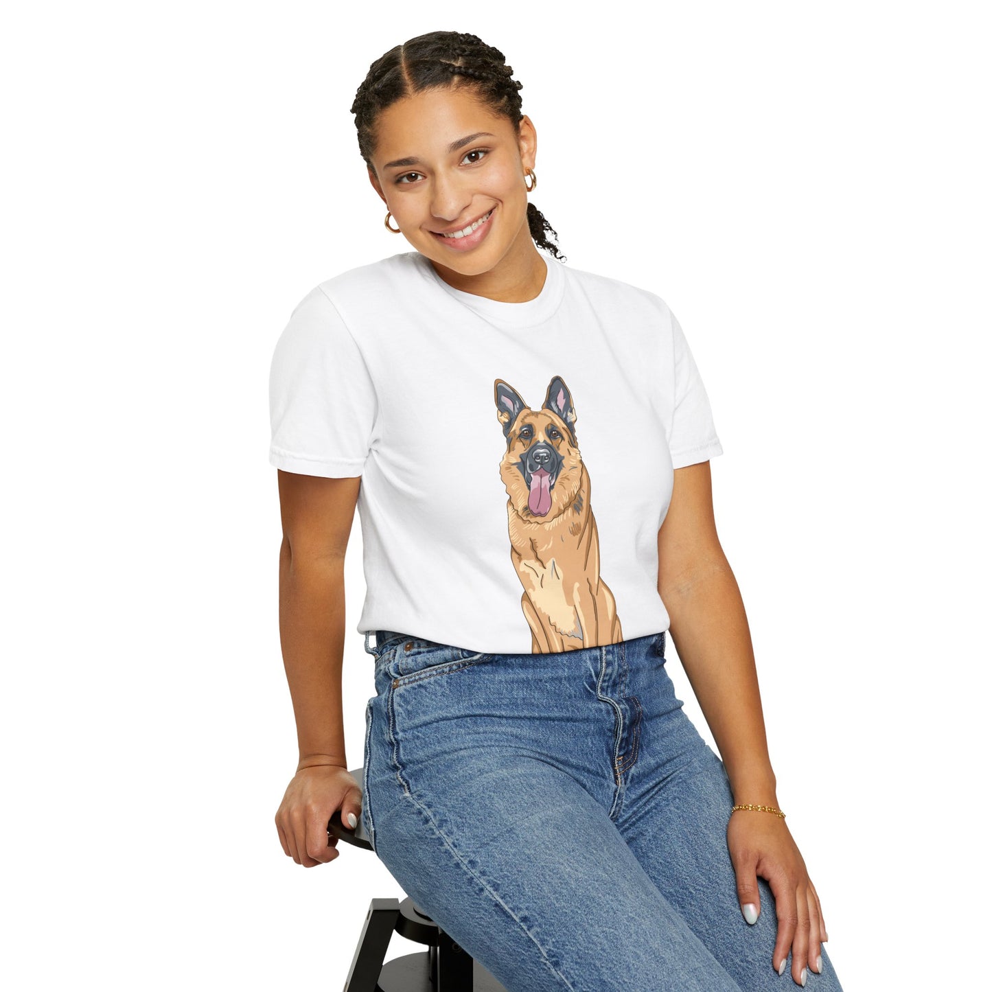 Unisex Dog Lover T-Shirt With Graphic of Giant German Shepherd Sloppily Sitting Leaving Tongue Out