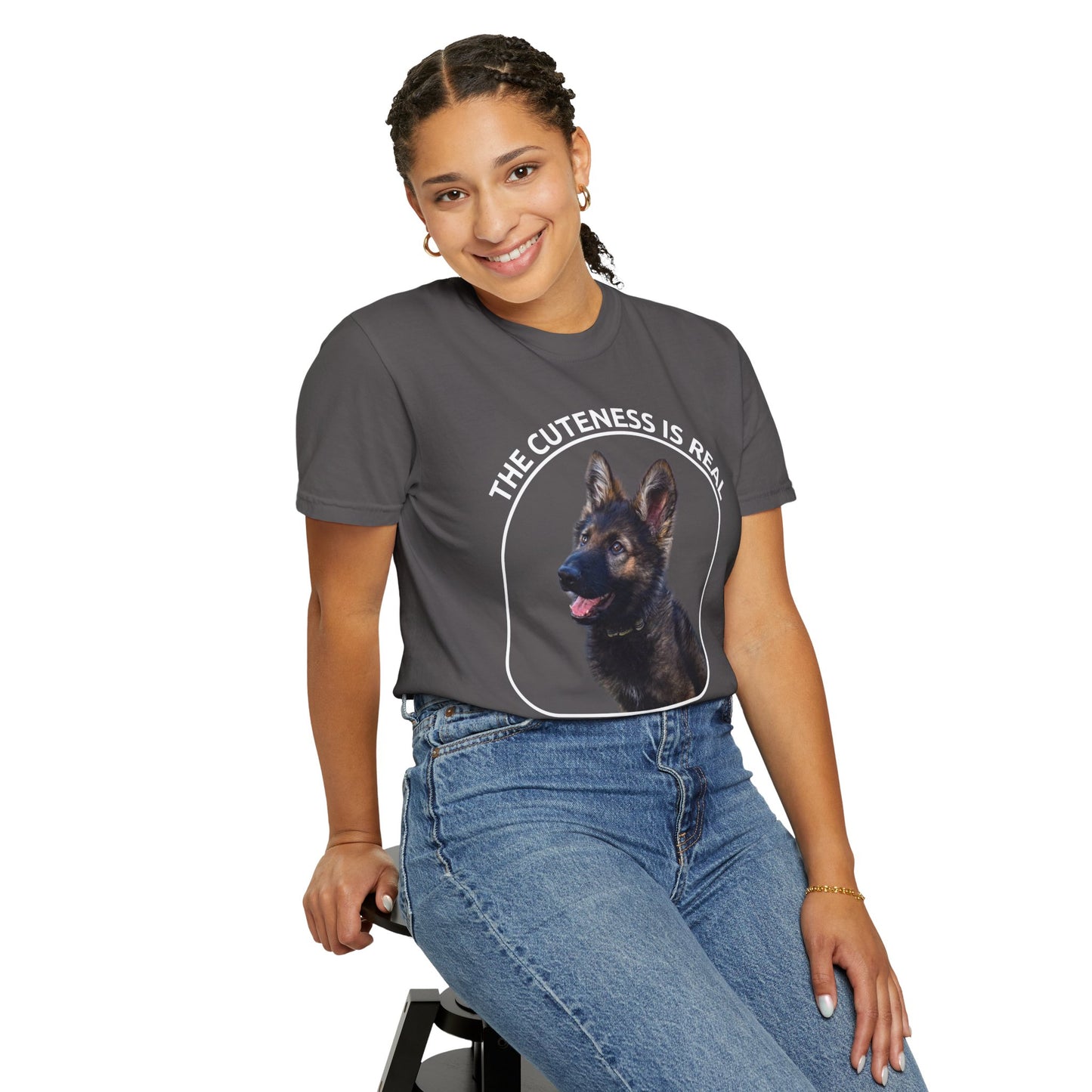 Unisex Dog Lover's T-Shirt With German Shepherd Puppy Sloppily Sitting and Caption The Cuteness Is Real