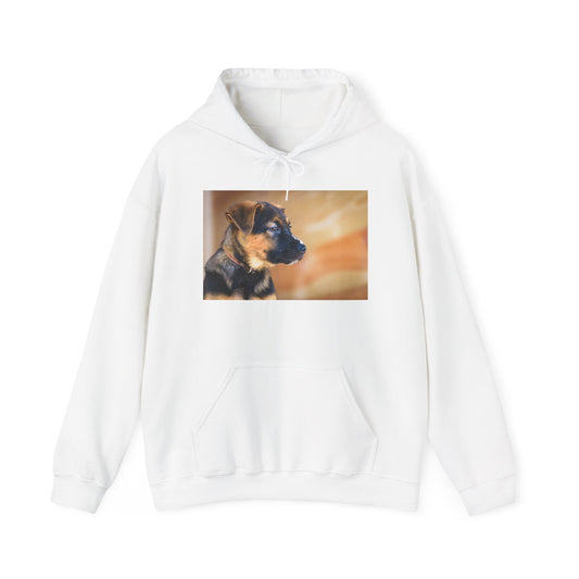A Unisex Dog Lover Hoodie With a and Red German Shepherd Puppy With Floppy Ears