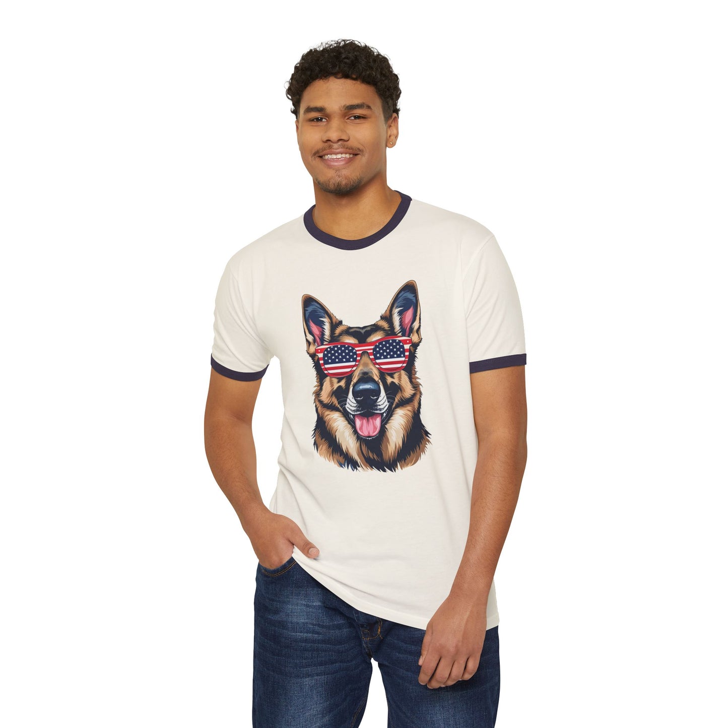 Patriotic Dog Lover German Shepherd Tee - Unisex Cotton Ringer T-Shirt with American Flag Sunglasses, Pet Owner Gift, 4th of July Apparel, Fun Summer