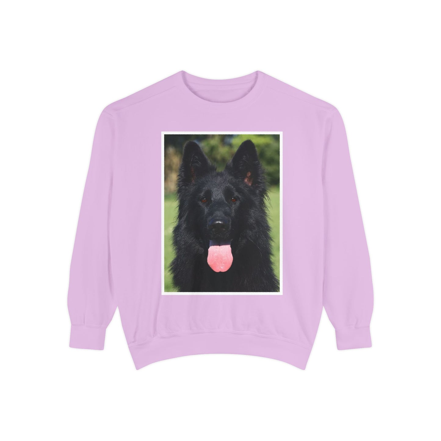 Unisex Dog Lover Sweatshirt With a Close Up of Solid Black German Shepherd Leaving Hanging Tongue