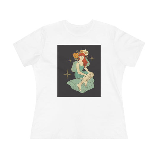 Whimsical Floral Women's Cotton Tee - Black And Tosca Illustration of Fairy Woman | Vintage Art Shirt, Cute Graphic Tee, Gift for Her, Casual Summer Top, Boho Chic Tee