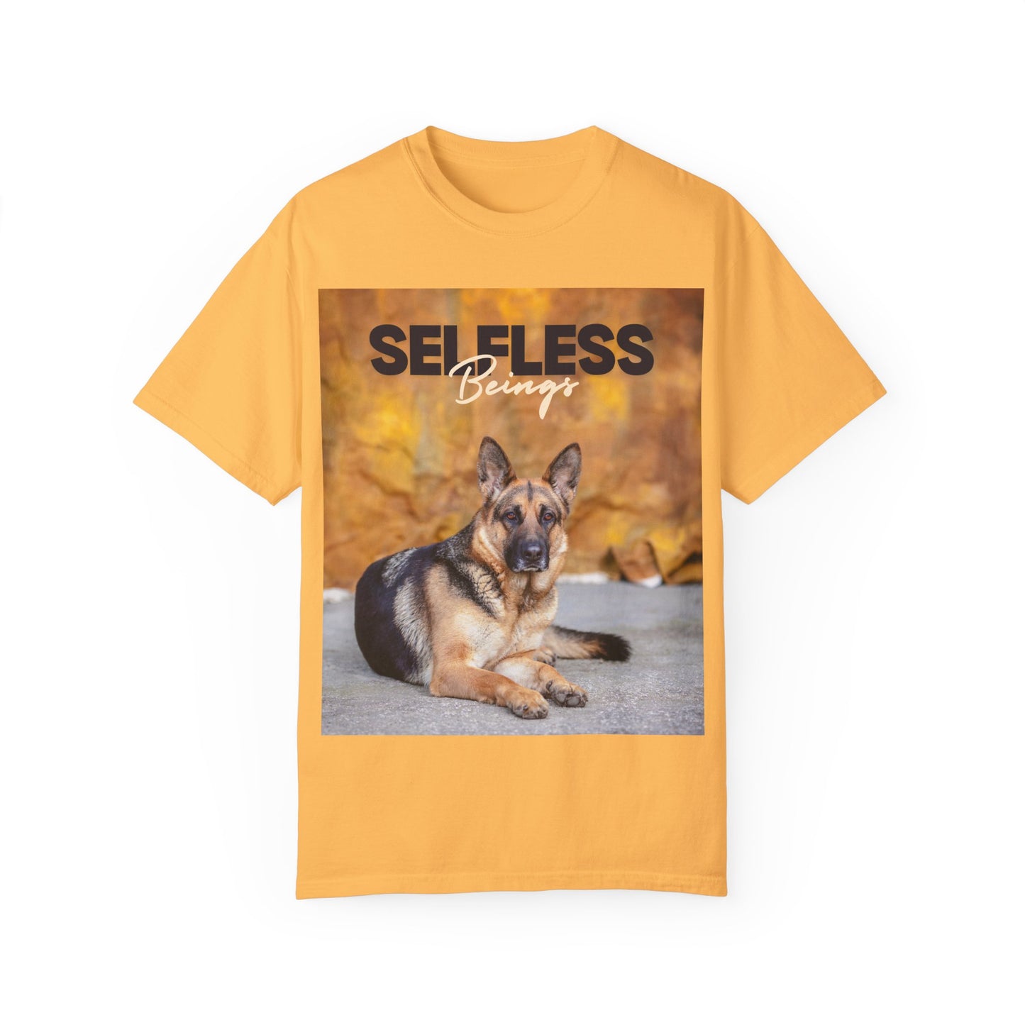 Unisex Dog Lover T-Shirt With Showline German Shepherd Posing for Camera, Autumn Background and Caption Selfless Beings