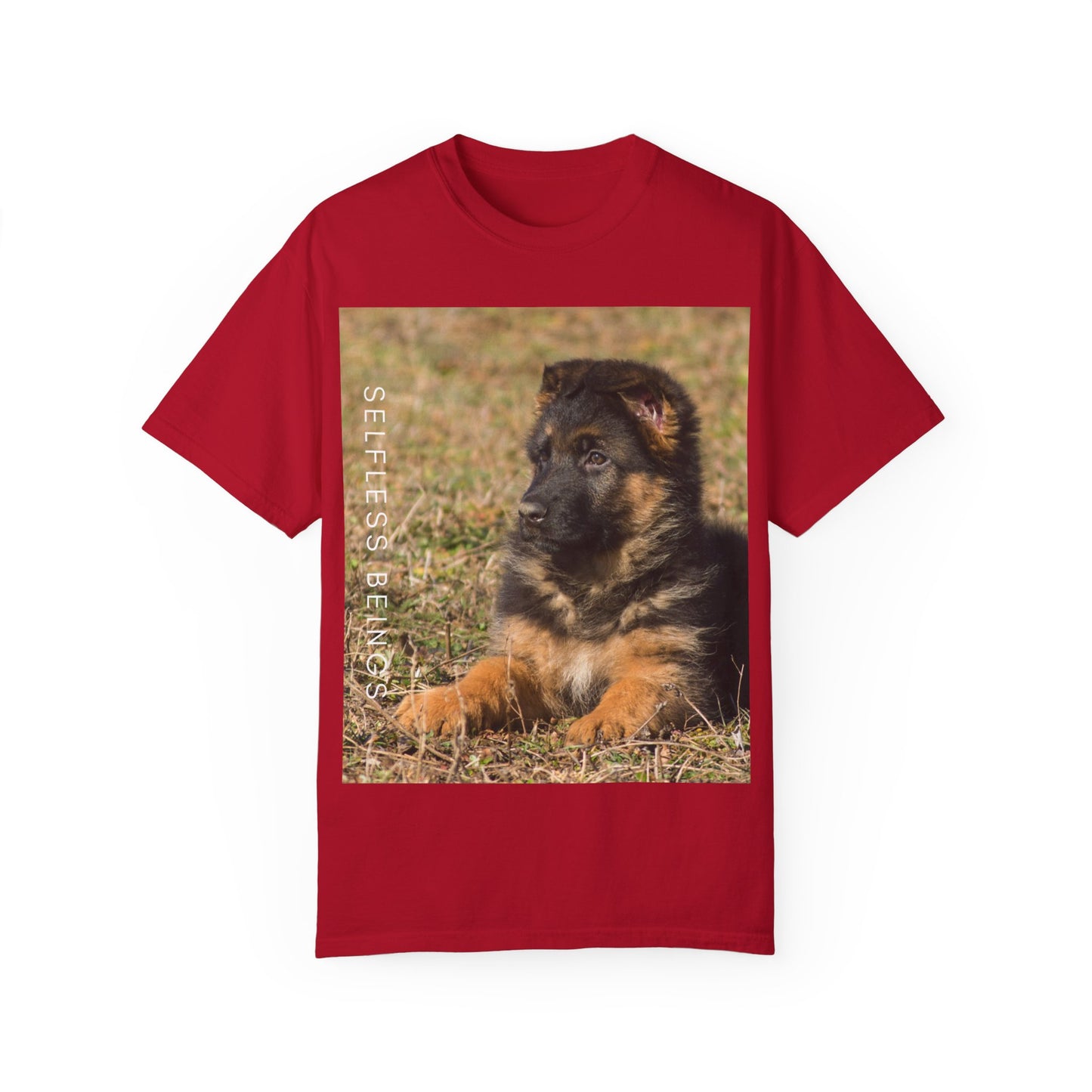 Unisex Dog Lover T-Shirt With Beautiful German Shepherd Puppy Resting On the Grass and Caption Selfless Beings