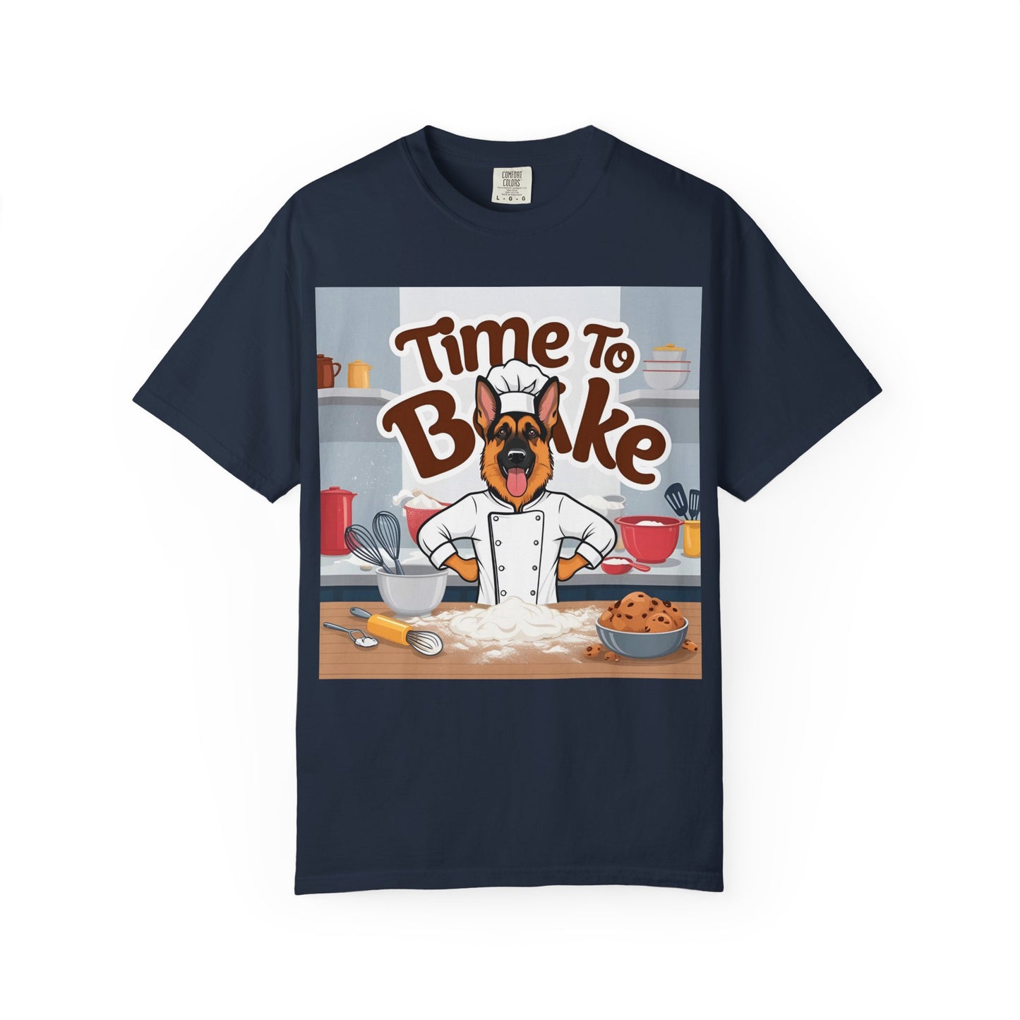 Unisex Dog Lover T-Shirt With Graphic of German Shepherd Wearing Chef Suit and Caption Time To Bake