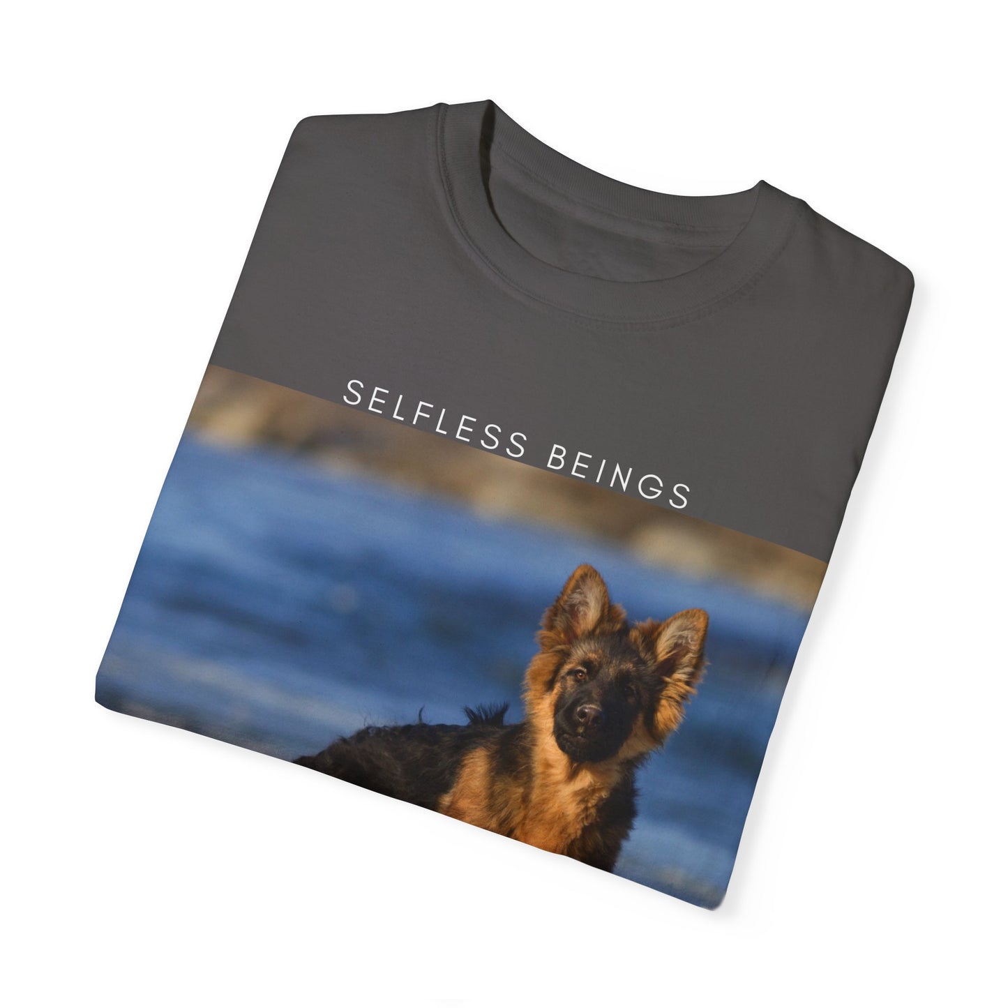 Unisex Dog Lover T-Shirt With German Shepherd Puppy Standing at the Sea Shore and Caption Selfless Beings