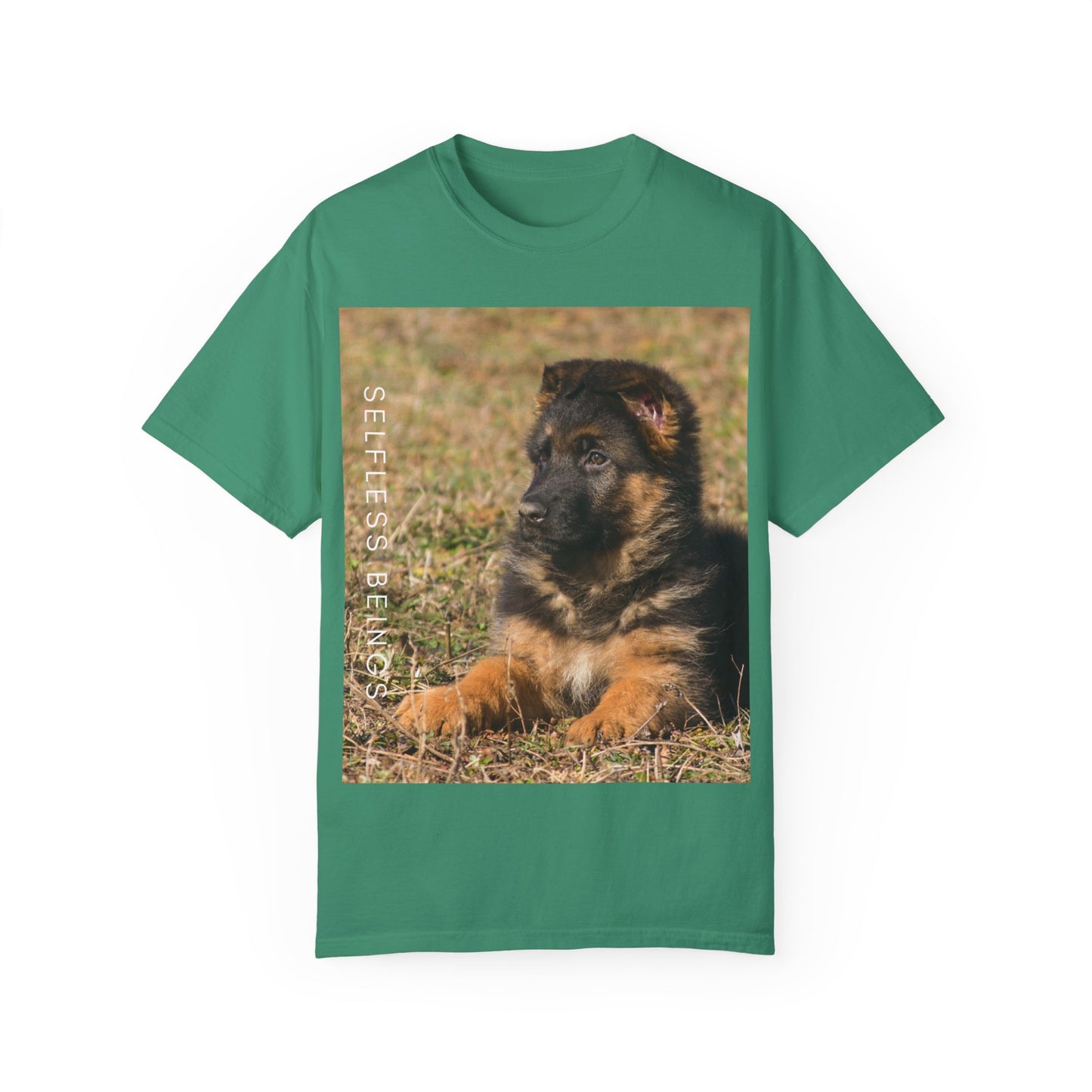 Unisex Dog Lover T-Shirt With Beautiful German Shepherd Puppy Resting On the Grass and Caption Selfless Beings