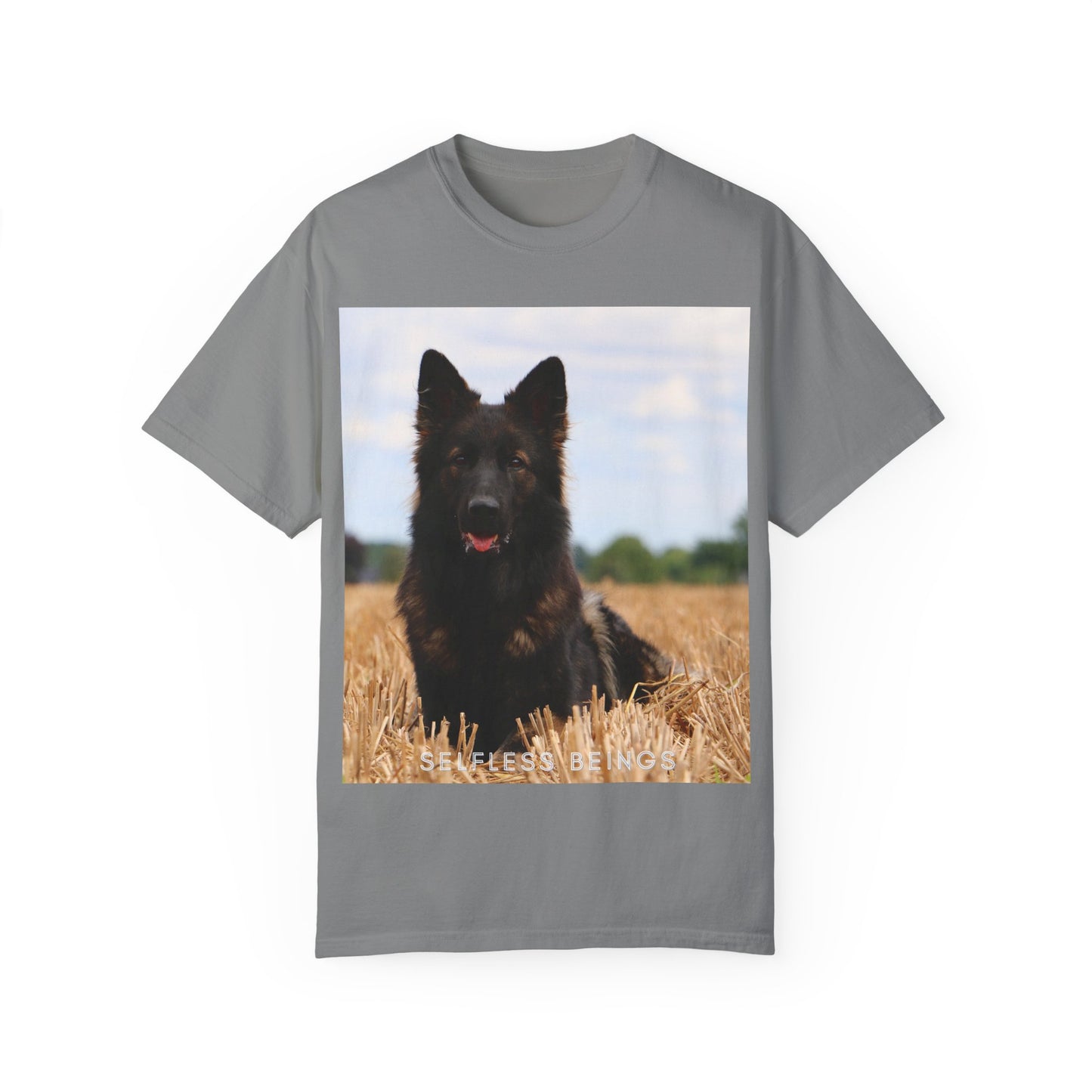 Unisex Dog Lover T-Shirt With Beautiful German Shepherd Sitting Over a Stover and Caption Selfless Beings