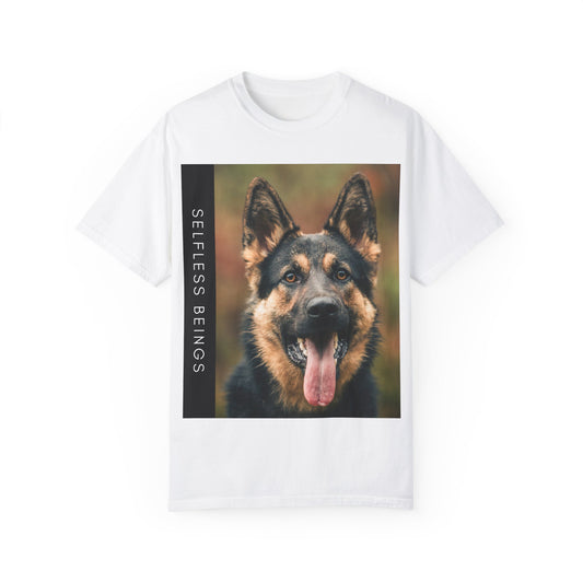 Unisex Dog Lover T-Shirt With Close Up of German Shepherd Leaving His Tongue Out and Caption Selfless Beings