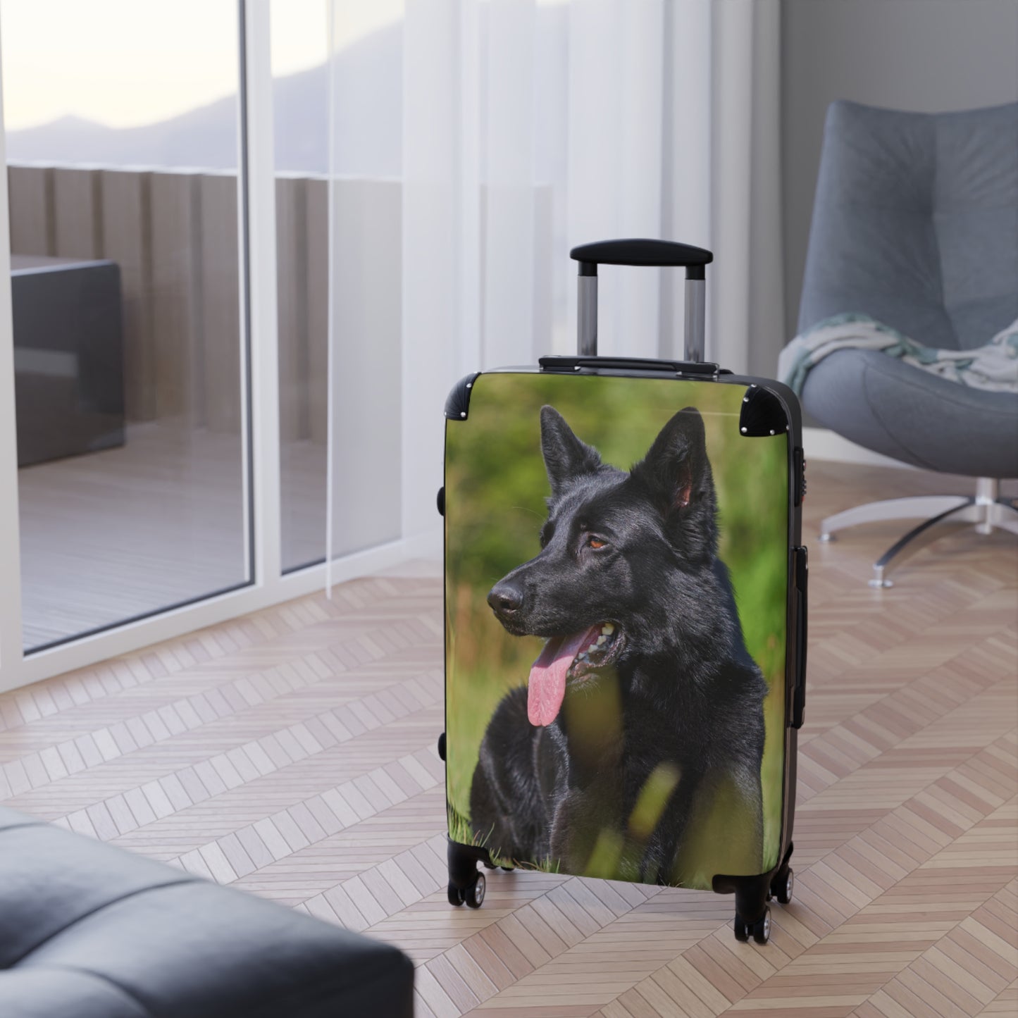 Dog Lovers Suitcase Featuring a Black German Shepherd Resting on Grass Looking Sideways