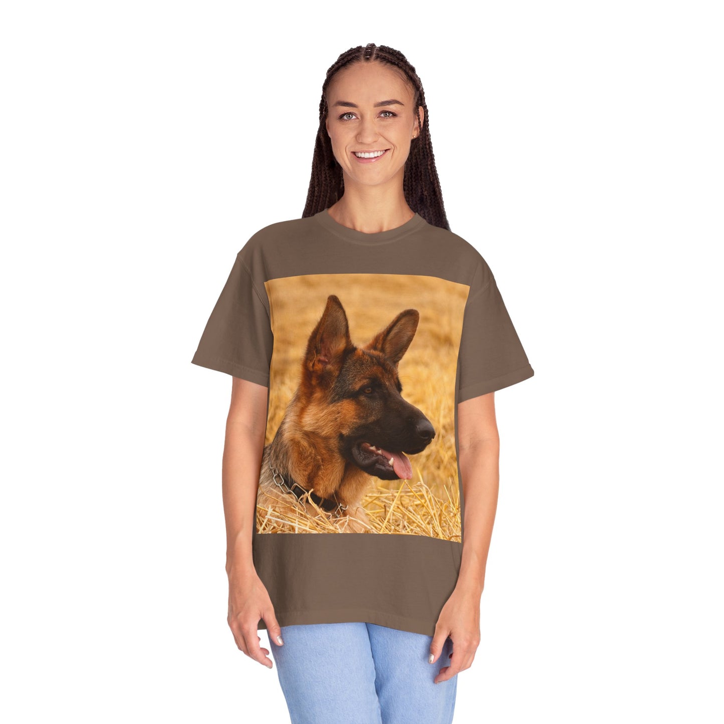 Unisex Dog Lovers T-Shirt Featuring German Shepherd Resting on the Dry Grass