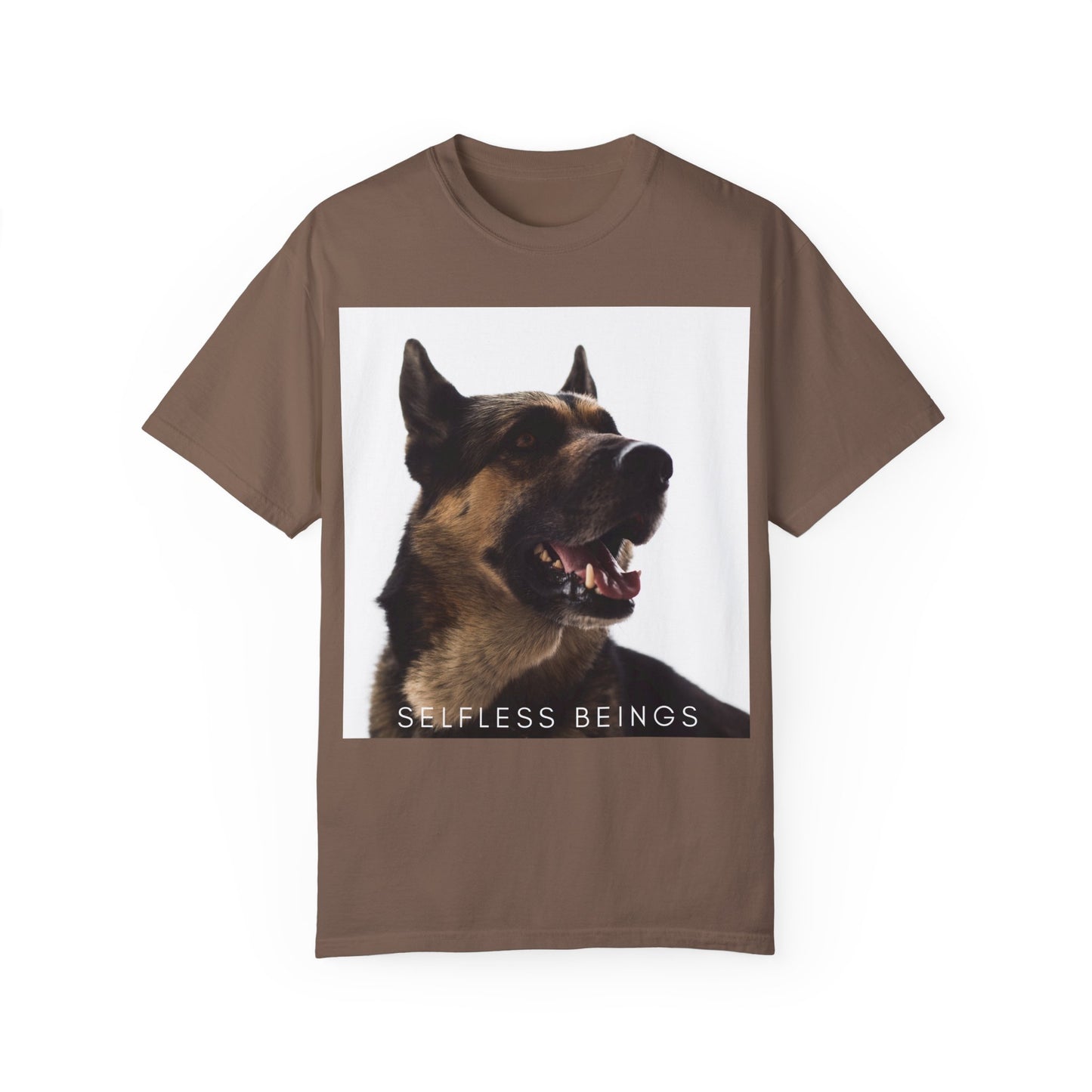 Unisex Dog Lover T-Shirt With Close Up of Large German Shepherd Turning His Face and Caption Selfless Beings