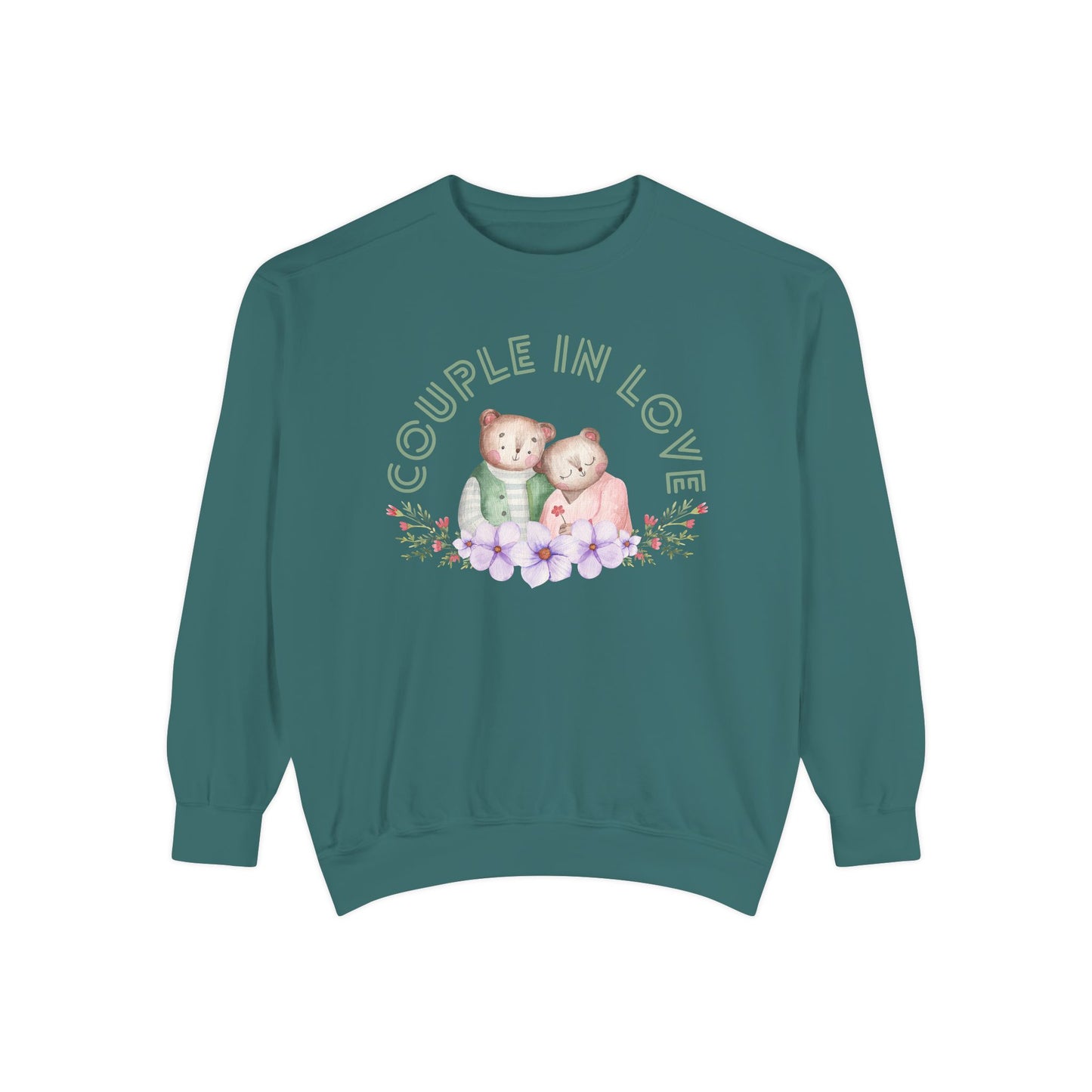 Unisex Valentine's Day Sweatshirt With Two Teddy Bears On Flowers and Caption Couple In Love