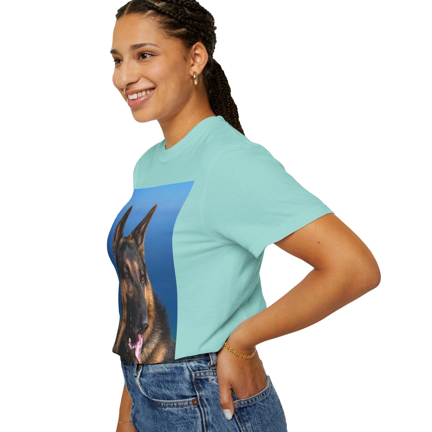 Unisex Dog Lover T-Shirt With Close Up of German Shepherd, Blue Sea in the Background and Caption Selfless Beings