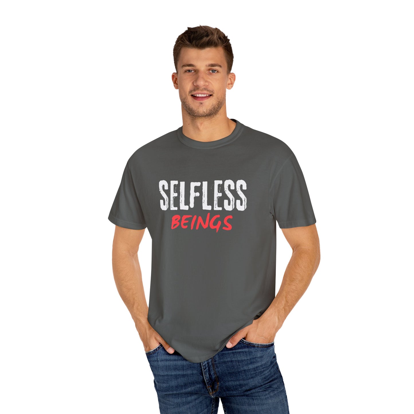 Unisex Dog Lover T-Shirt With Text "Selfless Beings" Designed Using White and Red Effect
