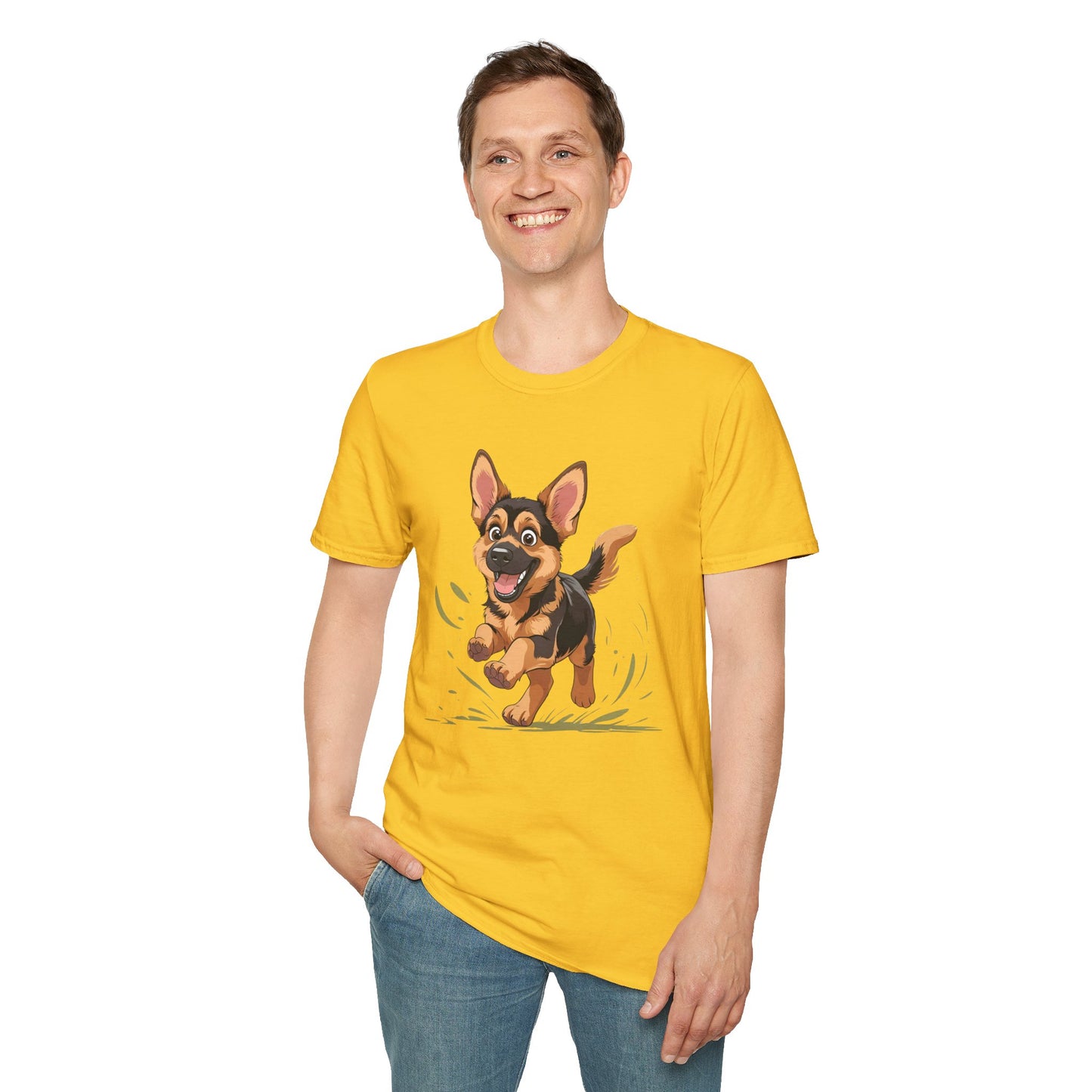 Cute Playing Puppy Graphic Unisex Softstyle T-Shirt, Dog Lover Gift, Casual Wear, Animal Theme Shirt, Perfect for Birthdays, Pet Owners