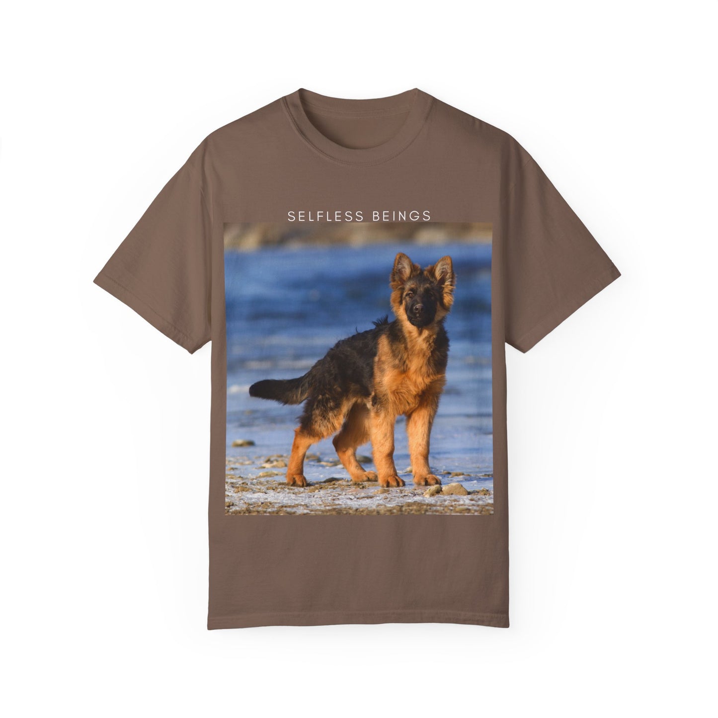 Unisex Dog Lover T-Shirt With German Shepherd Puppy Standing at the Sea Shore and Caption Selfless Beings