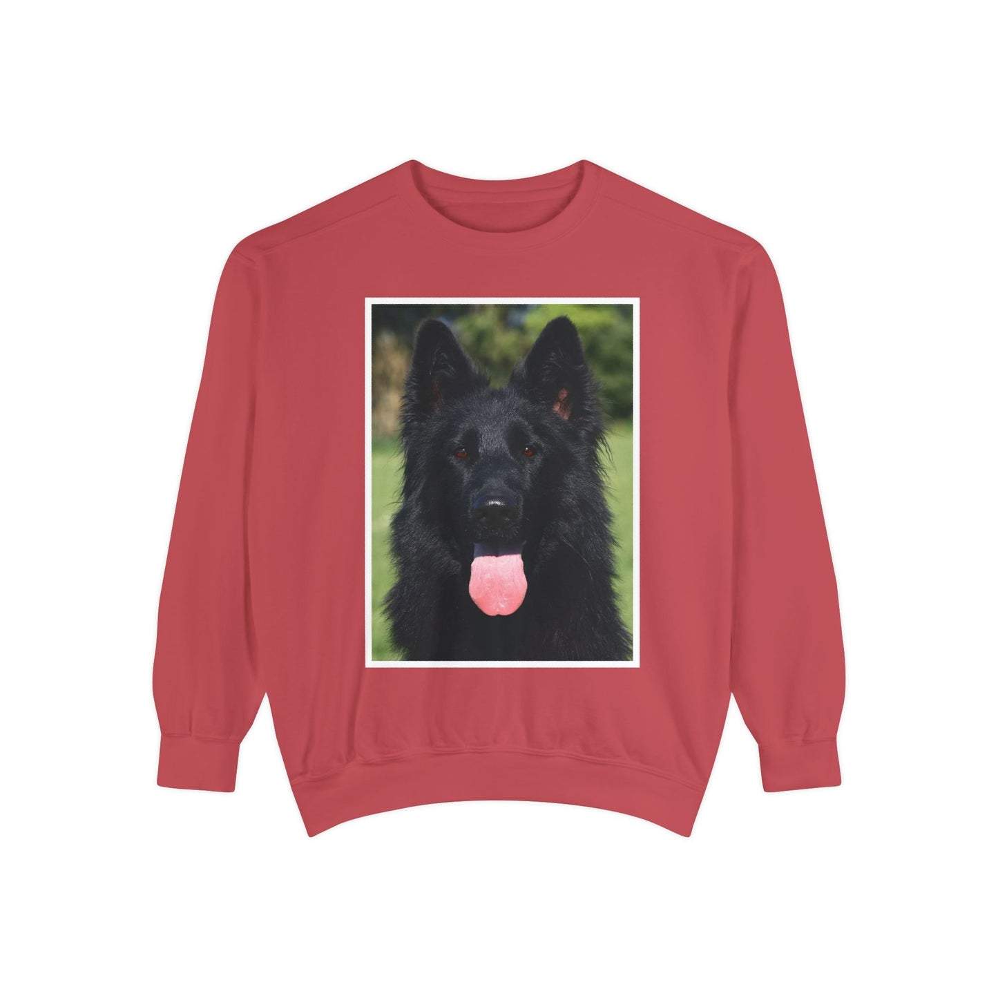 Unisex Dog Lover Sweatshirt With a Close Up of Solid Black German Shepherd Leaving Hanging Tongue
