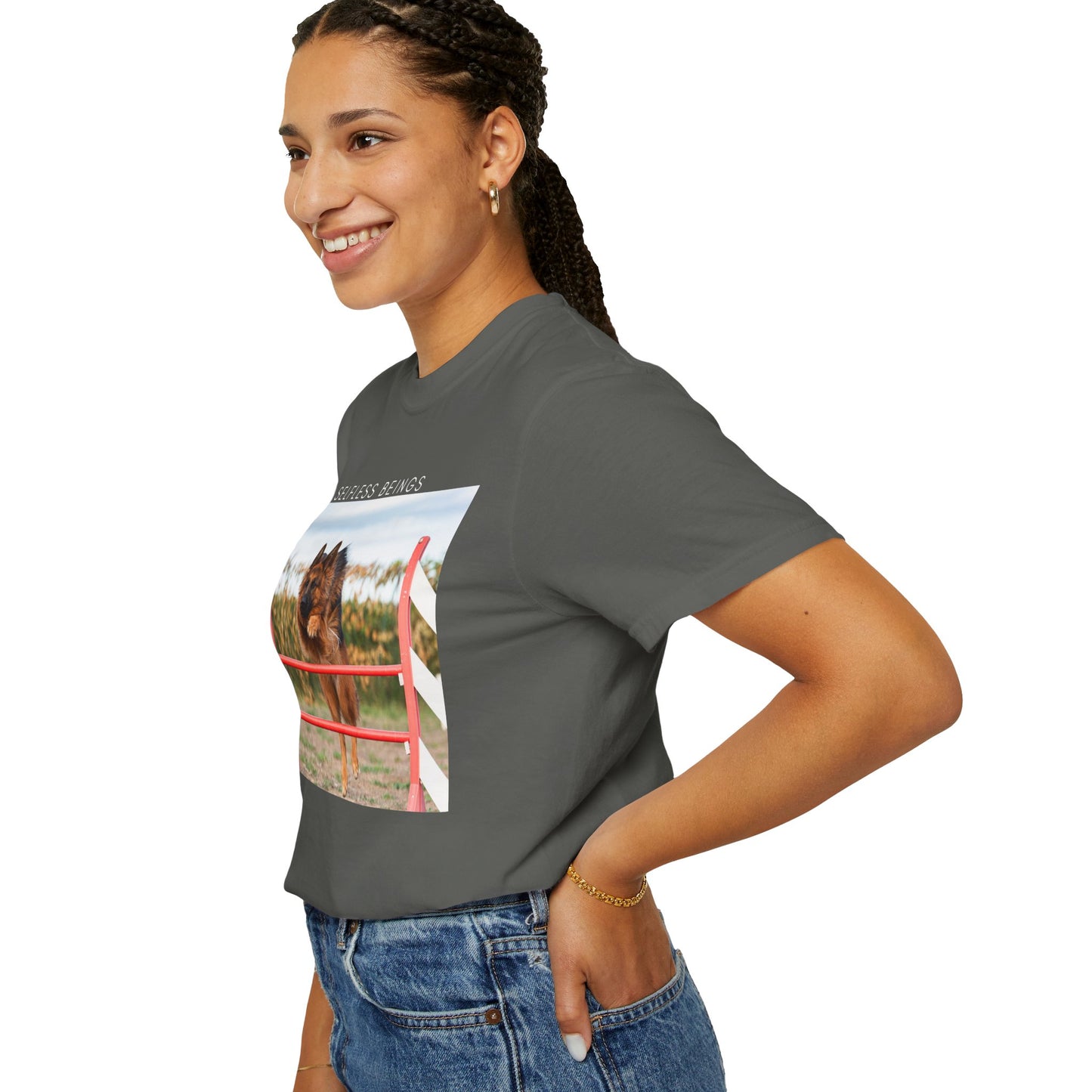 Unisex Dog Lover T-Shirt With a German Shepherd Jumping an Agility Fence Outdoor and Caption Selfless Beings