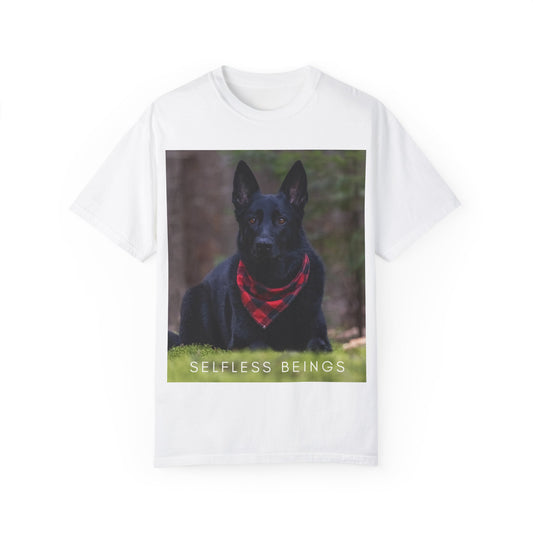 Unisex Dog Lover T-Shirt With a Solid Black German Shepherd Wearing a Red Romal Sitting and Caption Selfless Beings