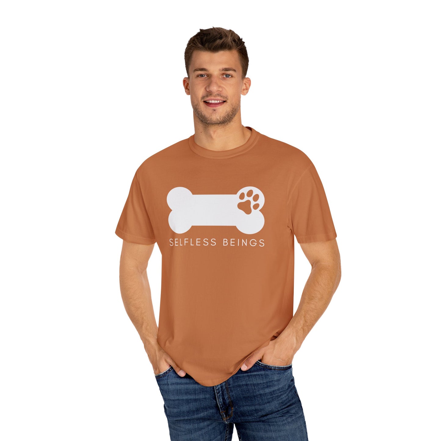 Unisex Dog Lover T-Shirt With Dog's Paw Print Inside a Bone and Caption Selfless Beings