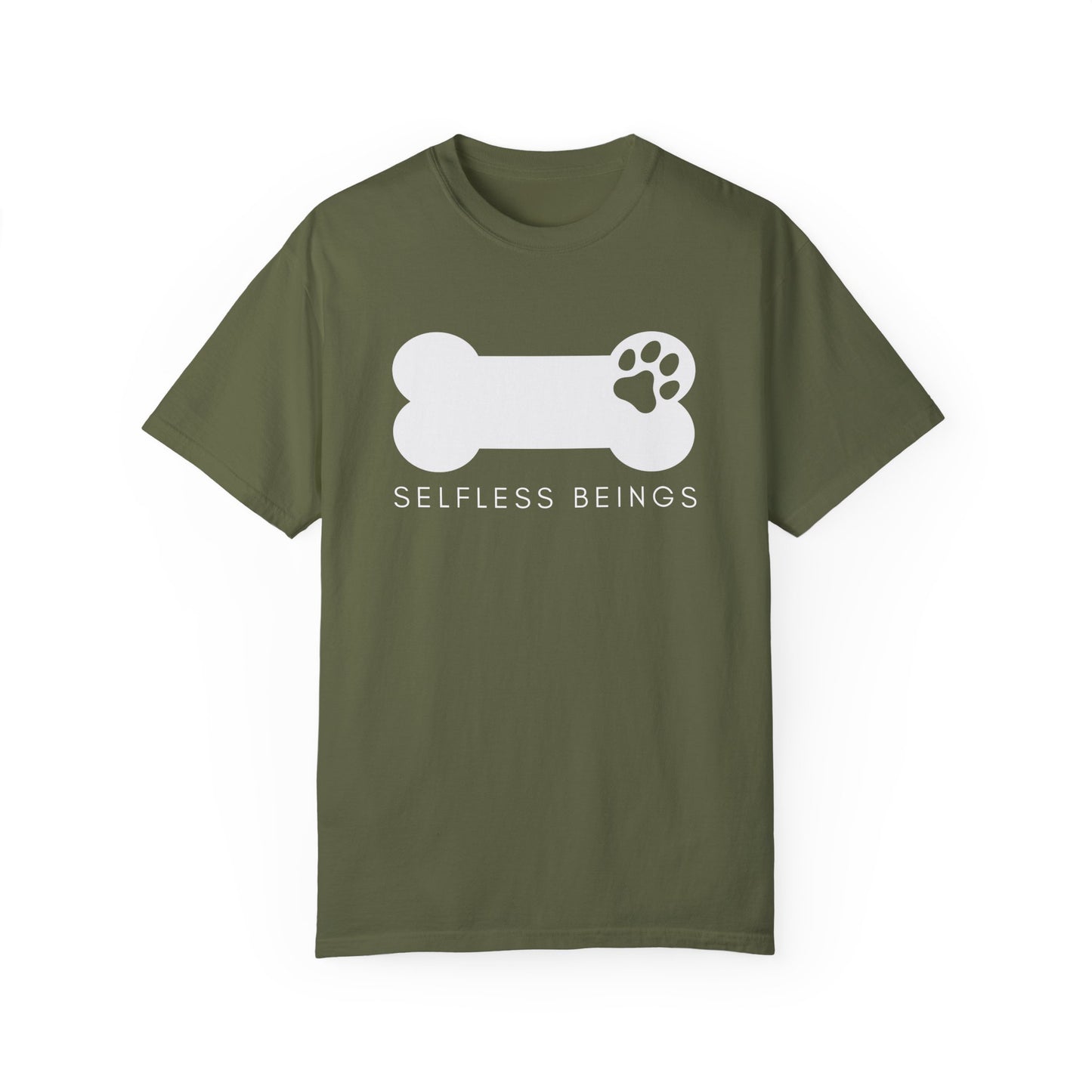 Unisex Dog Lover T-Shirt With Dog's Paw Print Inside a Bone and Caption Selfless Beings