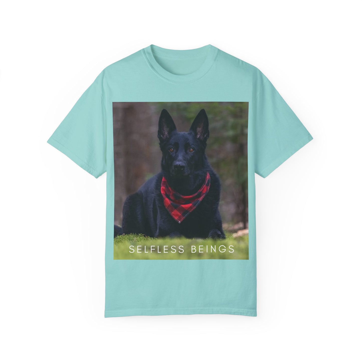 Unisex Dog Lover T-Shirt With a Solid Black German Shepherd Wearing a Red Romal Sitting and Caption Selfless Beings