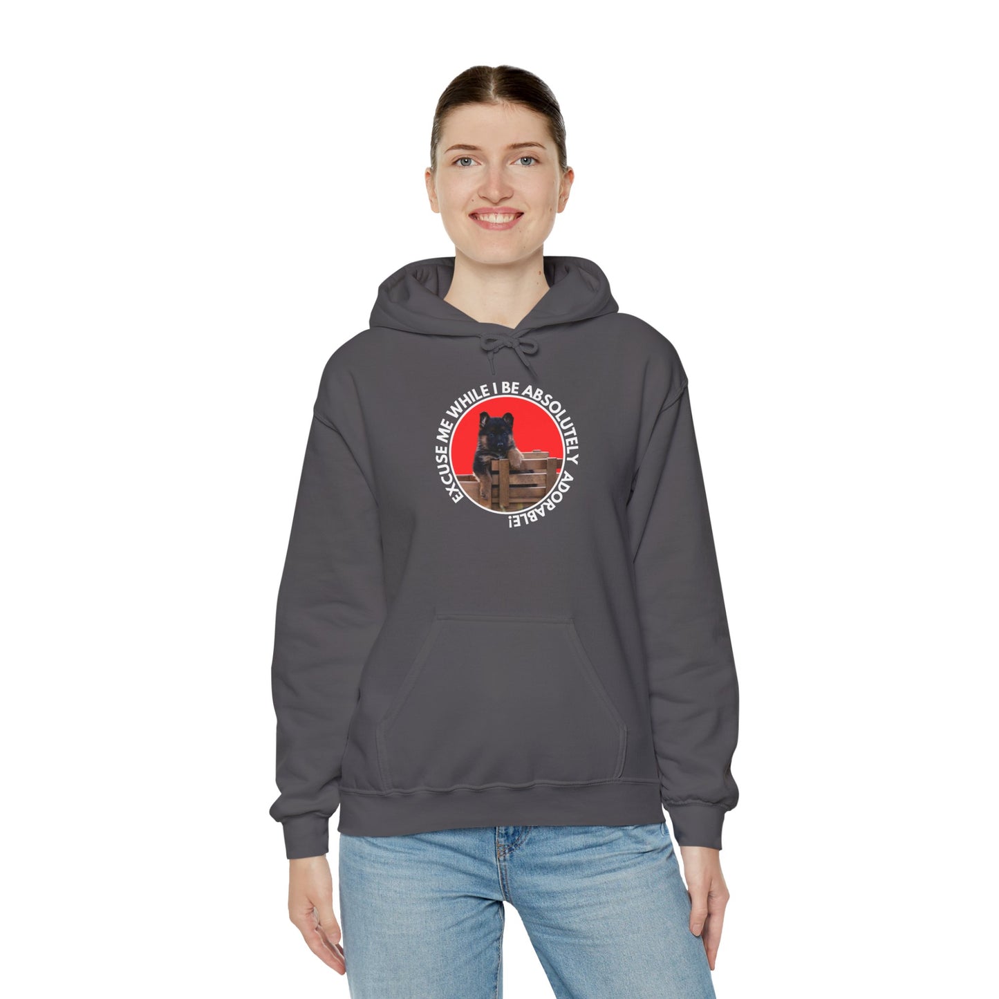 Unisex Dog Lover Hoodie With German Shepherd Puppy Sitting on the Toy Wooden Tractor and Caption Excuse Me While I Be Absolutely Adorable
