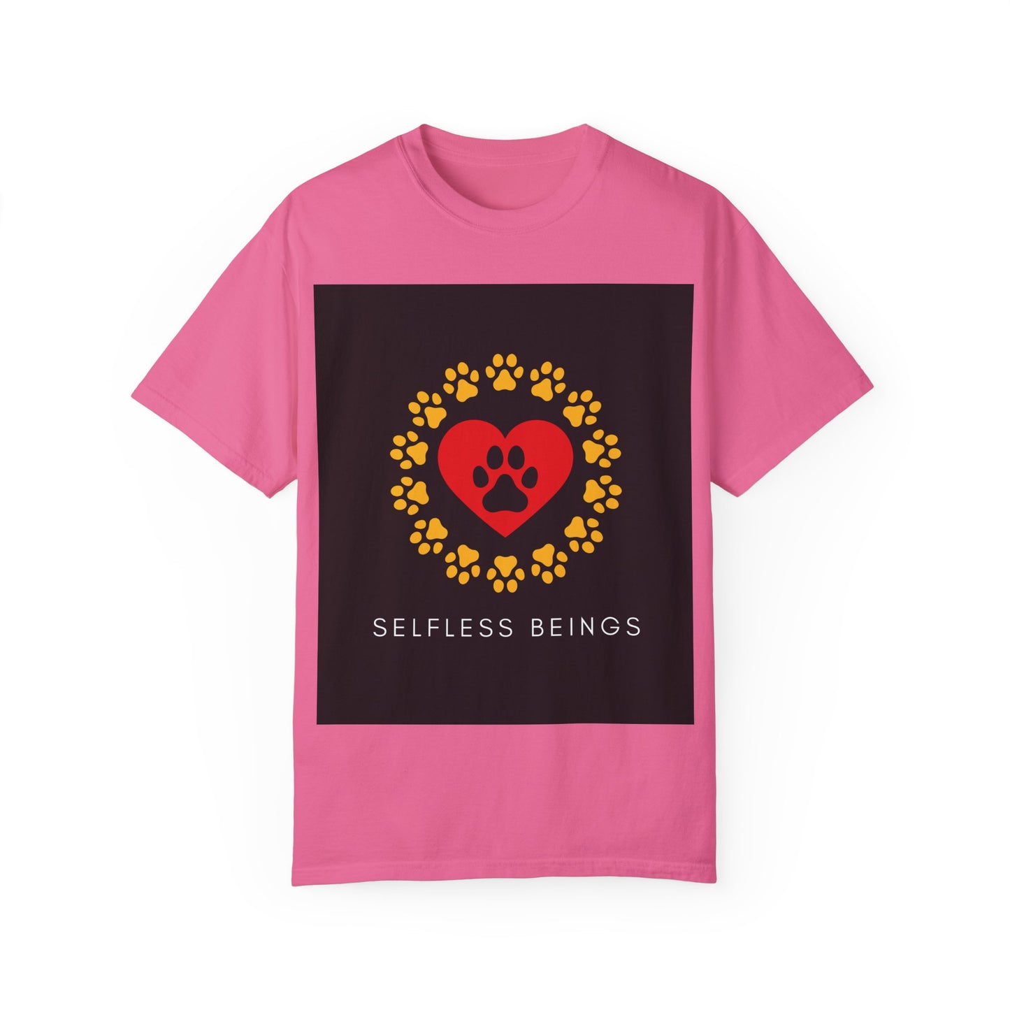 Unisex Dog Lover T-Shirt With Graphic of Yellow Paw Prints In Circle Contain Red Heart Which Contains Black Dog Paw Print Inside and Caption Selfless Beings