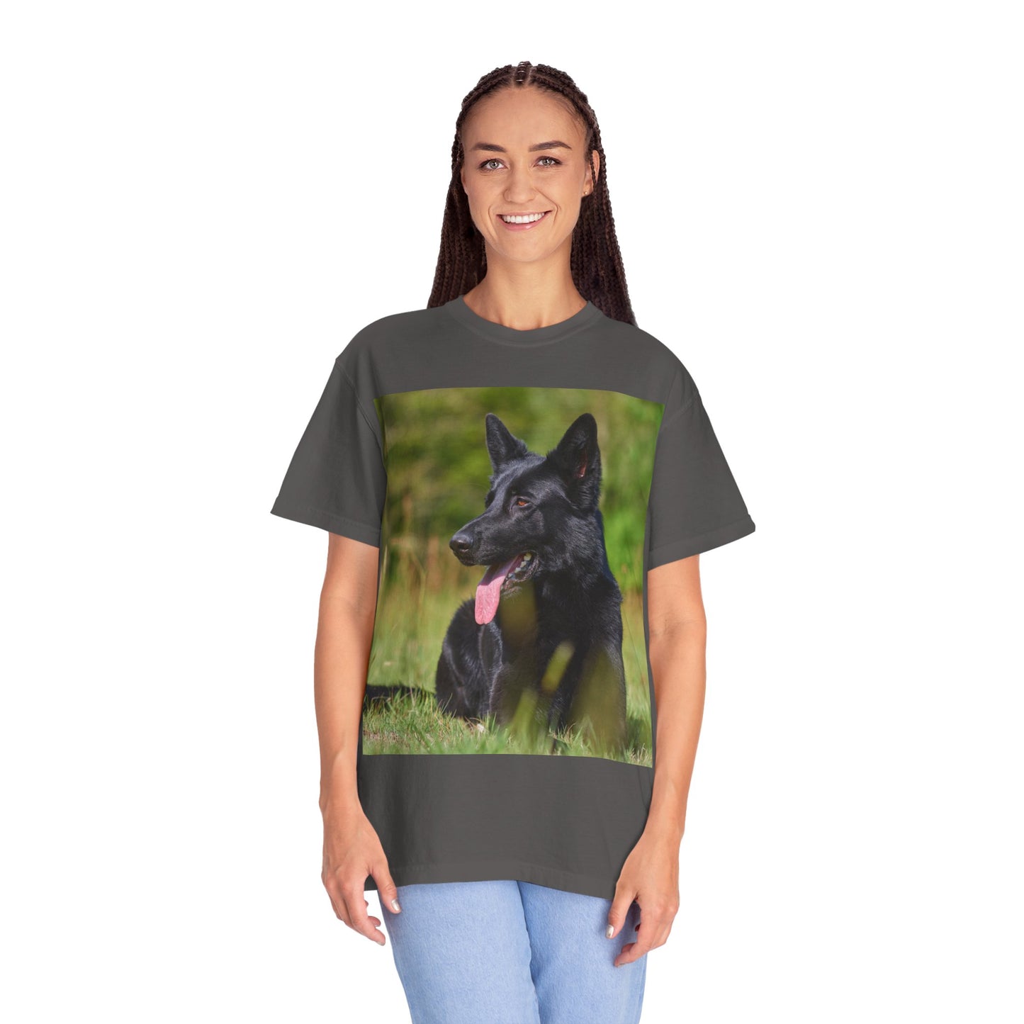 Unisex Garment-Dyed T-Shirt Featuring a Black German Shepherd Resting on Grass Looking Sideways