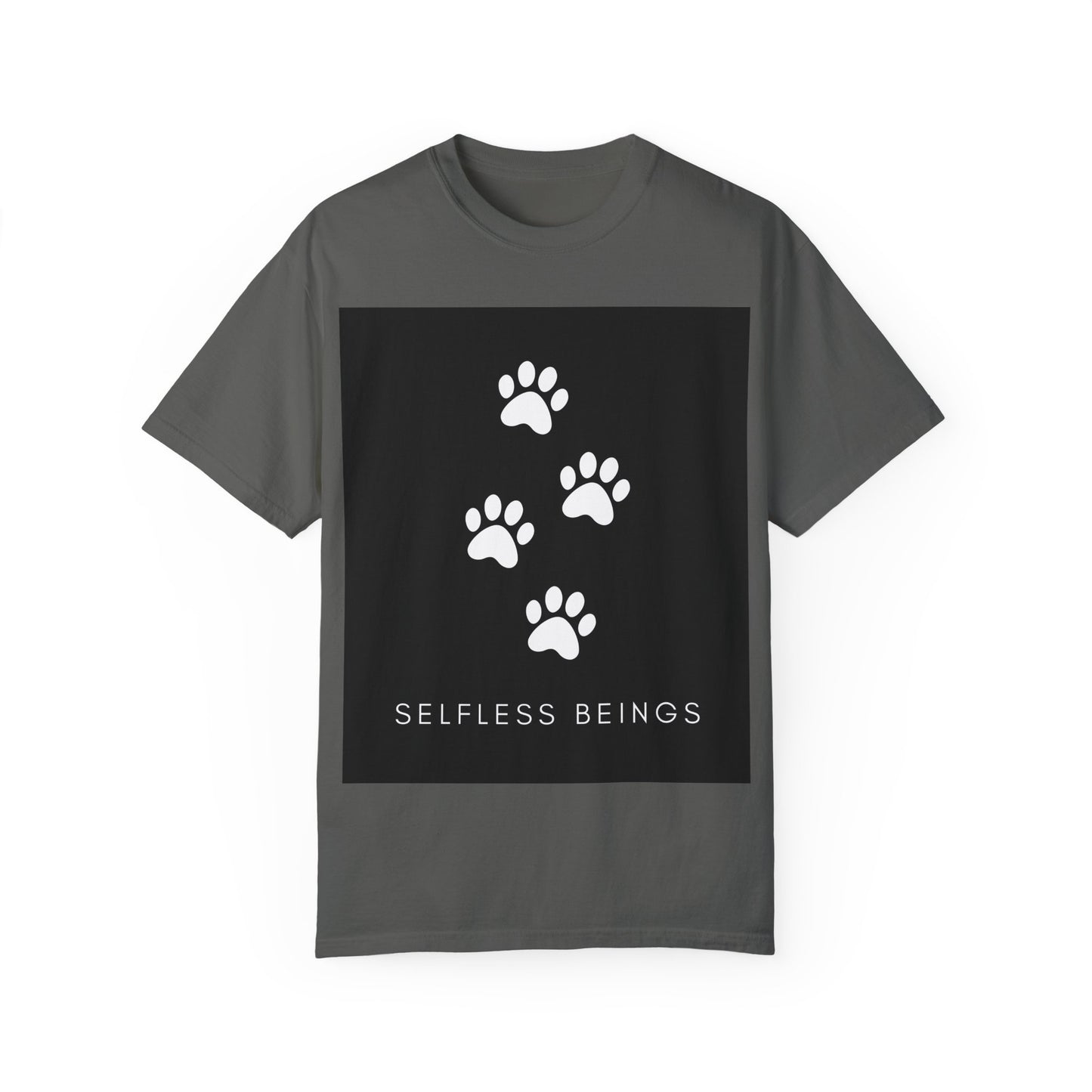 Unisex Dog Lover T-Shirt With 4 White Paw Prints and Caption Selfless Beings