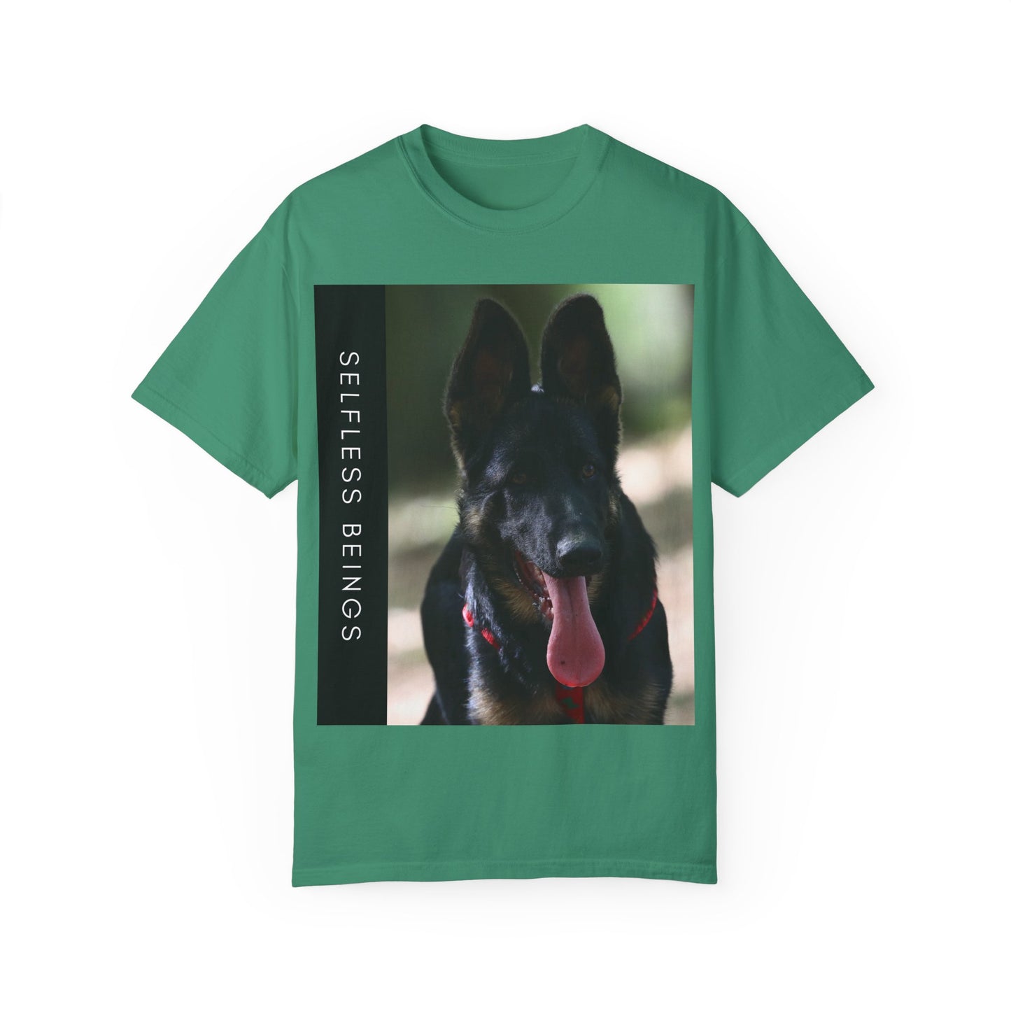 Unisex Dog Lover T-Shirt With Close Up Portrait of Slim German Shepherd Leaving His Tongue Out and Caption Selfless Beings