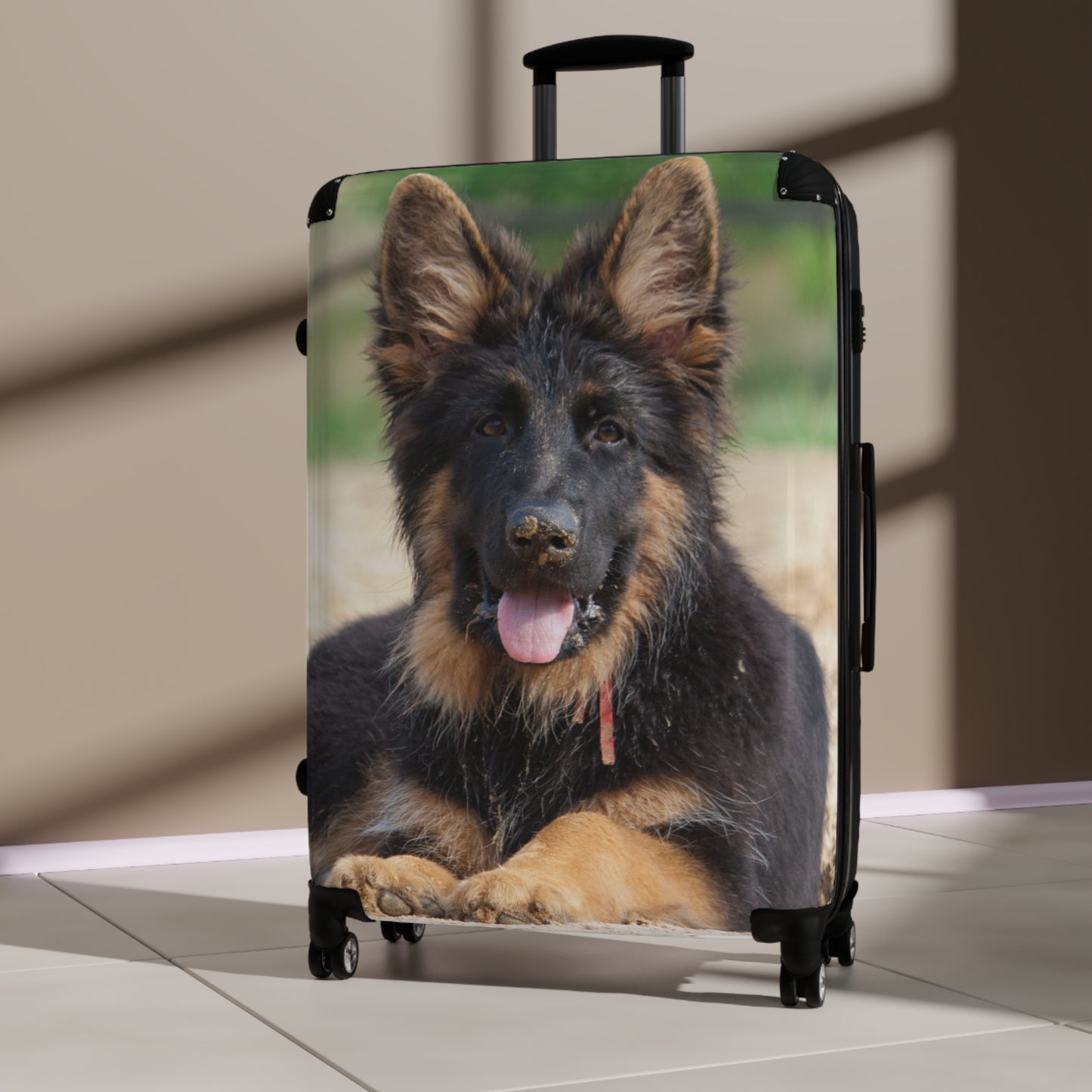 Dog Lover's Travel Suitcase Featuring a a Stunning German Shepherd Puppy Resting on the Sand