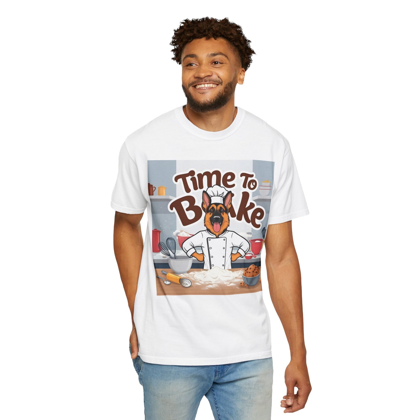 Unisex Dog Lover T-Shirt With Graphic of German Shepherd Wearing Chef Suit and Caption Time To Bake