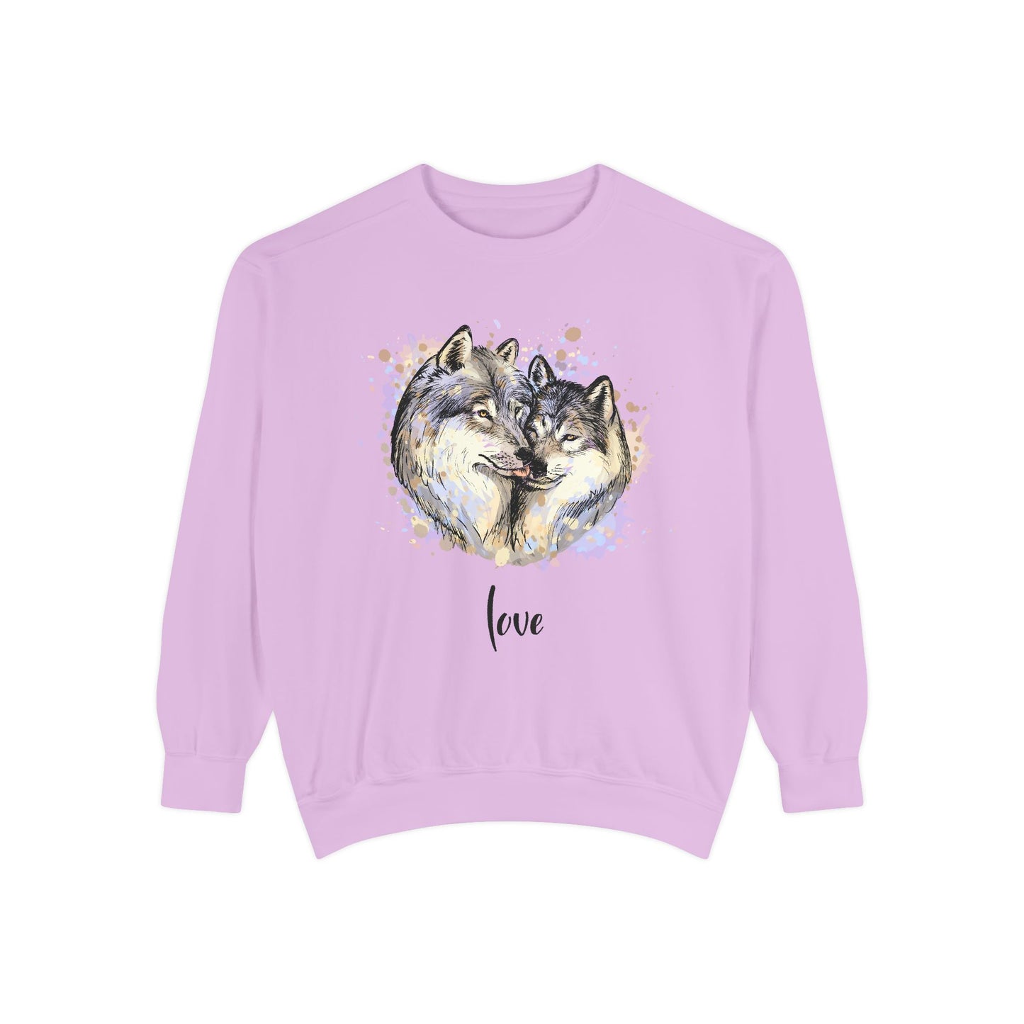 Unisex Valentine's Day Sweatshirt With a Male and Female Grey Wolves Together and Caption Love