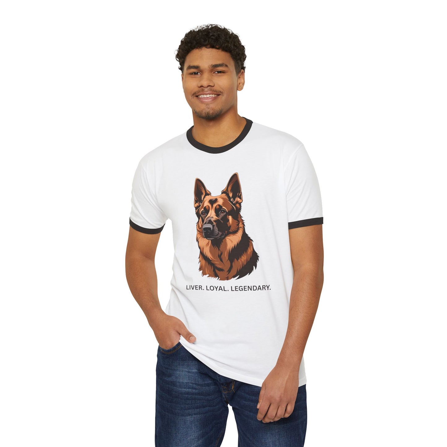 Liver German Shepherd Ringer Tee - Liver Loyal Legendary, Unisex Cotton T-Shirt for Dog Lovers, Pet Owner Gift, Casual Wear, Birthday Present, Animal Enthusiast Apparel