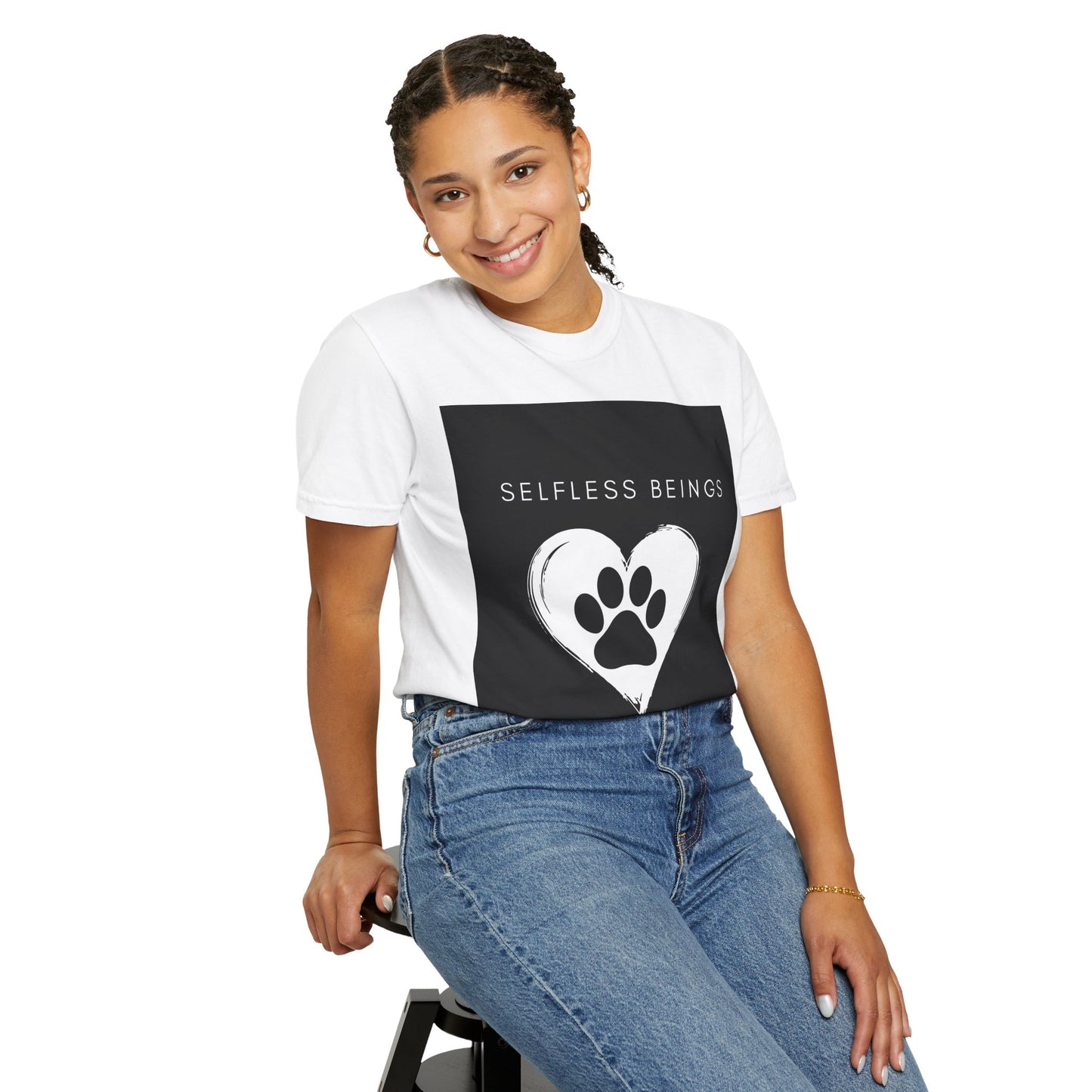 Unisex Dog Lover T-Shirt With Black Paw Print of a Dog Inside a White Heart and Caption Selfless Beings