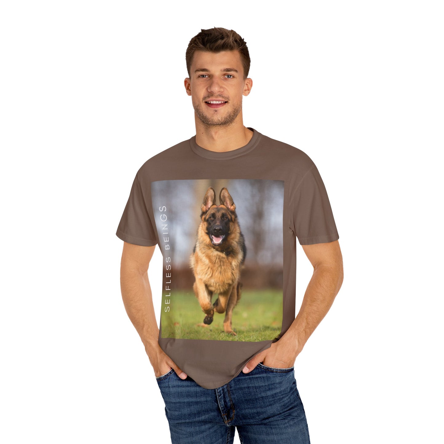 Unisex Dog Lover T-Shirt With Large German Shepherd Running on the Grass and Caption Selfless Beings
