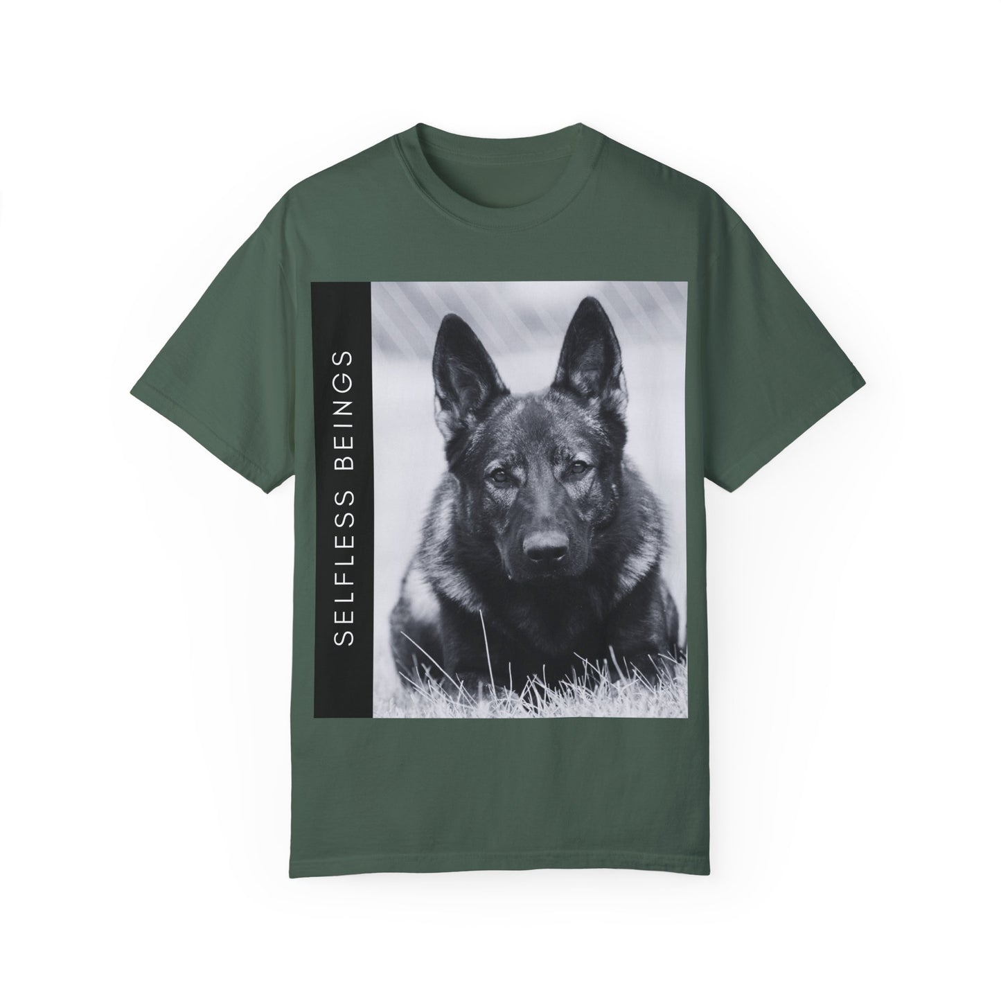 Unisex Dog Lover T-Shirt With a Working Line German Shepherd Resting on the Grass and Caption Selfless Beings